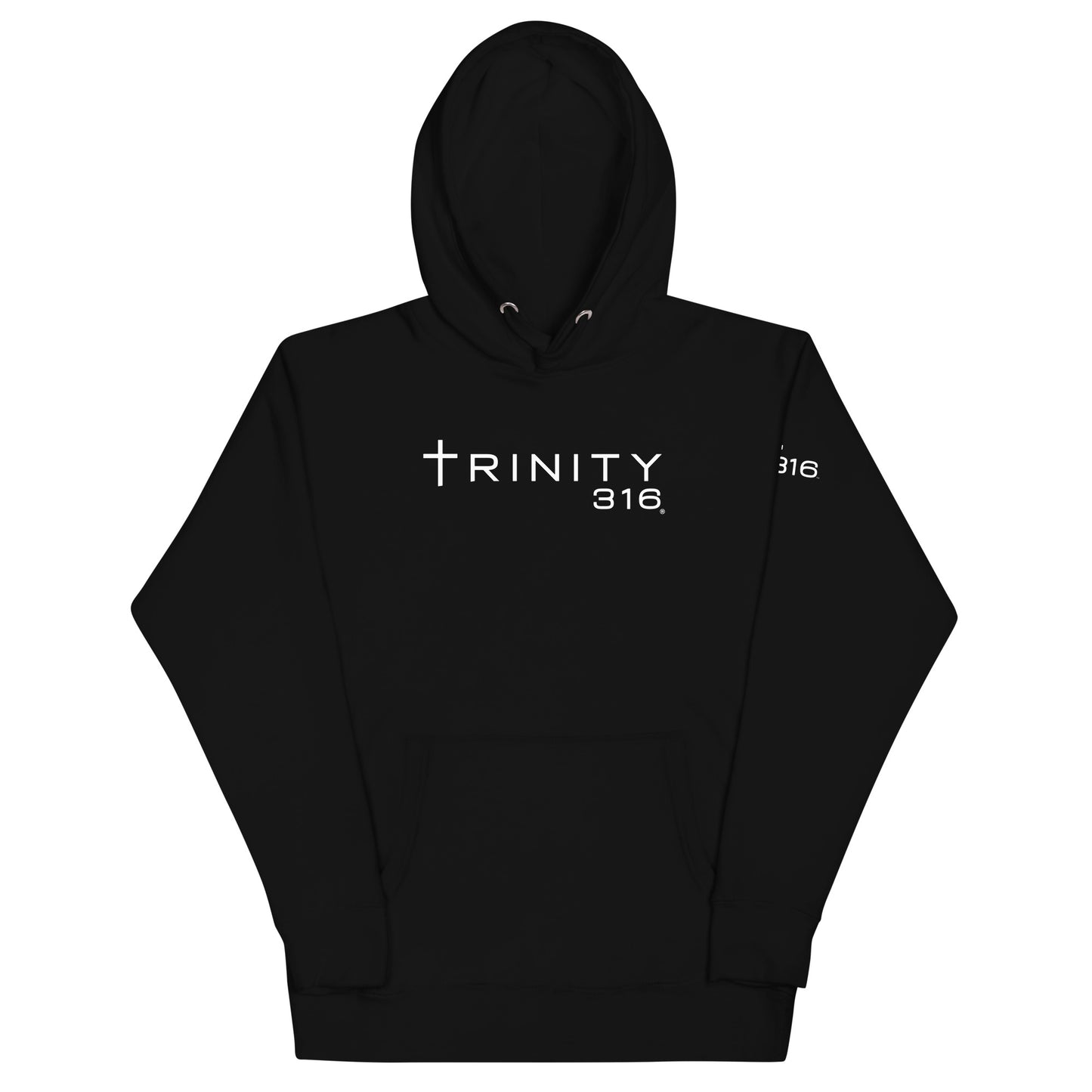 Unisex premium black hoodie featuring a stylish trinity design on the front, perfect for casual wear.