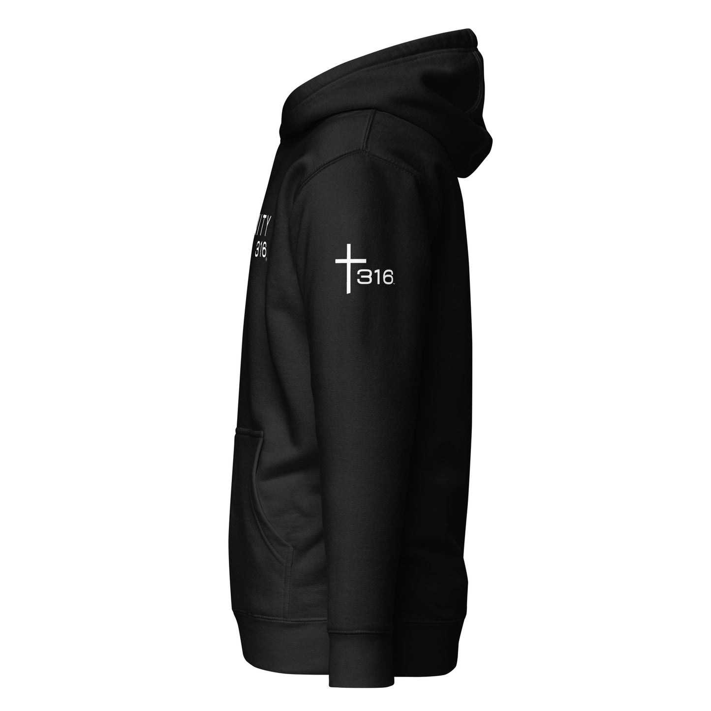 Unisex premium black hoodie featuring the word "faith" prominently displayed on the front, viewed from the left side.