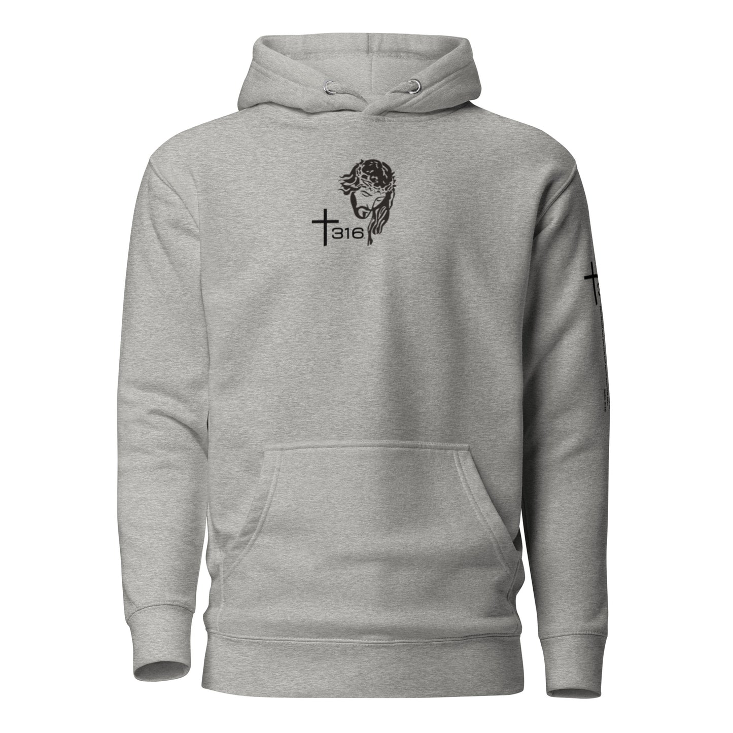 Unisex premium hoodie in carbon grey featuring the word T316 prominently displayed on the front.