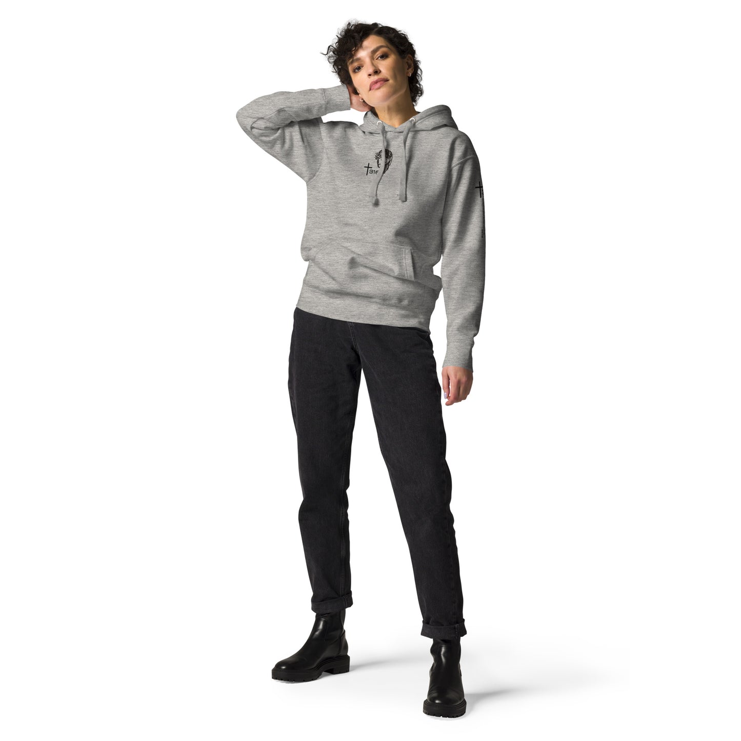 Unisex premium hoodie in sky blue, featuring a stylish cross design on the front, perfect for casual wear.