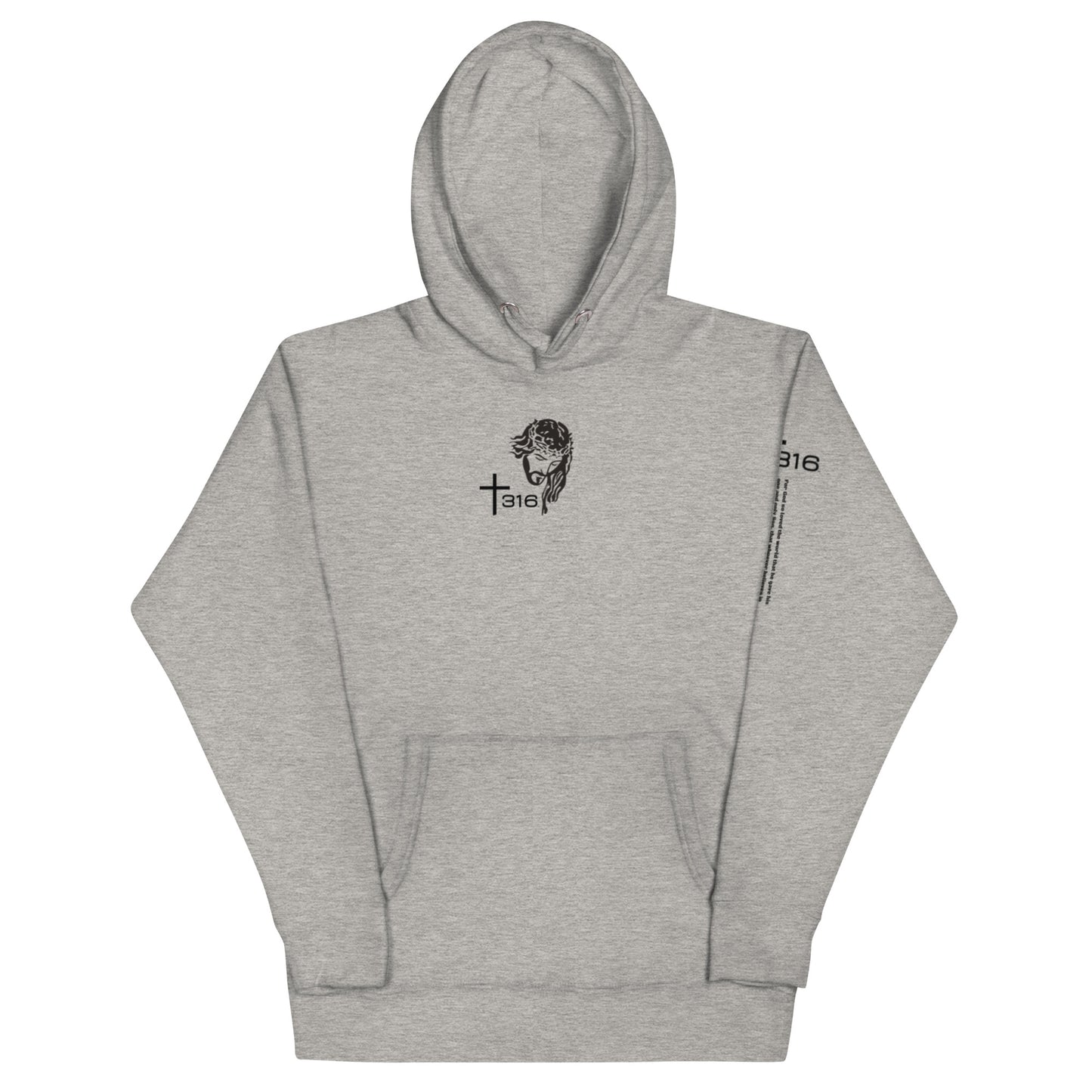 A unisex premium hoodie in carbon grey featuring a striking black and white image on the front.