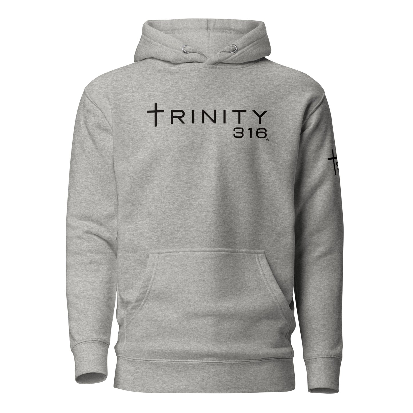 Carbon grey unisex premium hoodie with trinity printed on the front, designed for comfort and style.