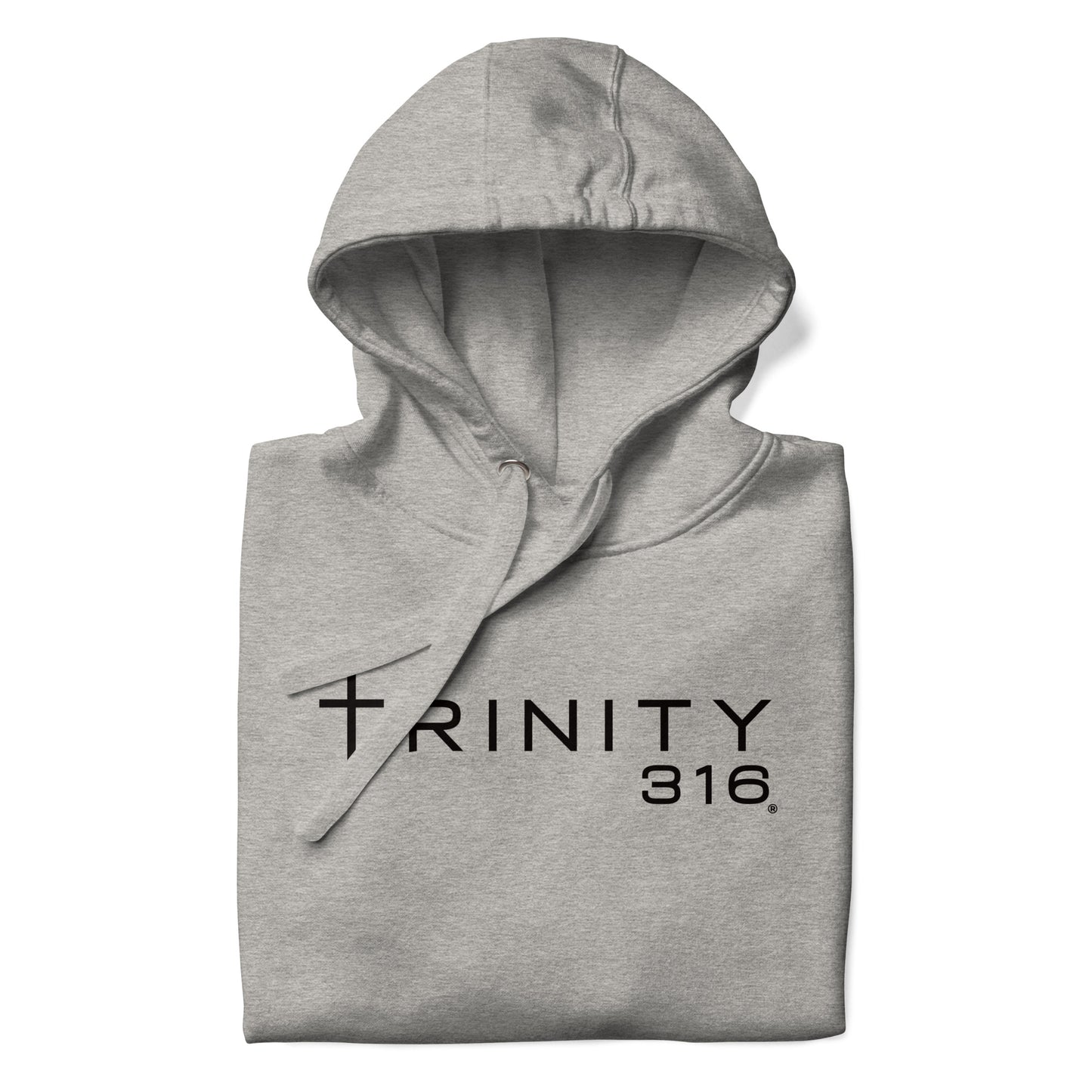 A unisex premium hoodie in carbon grey featuring the word Trinity 316 prominently displayed on the front.