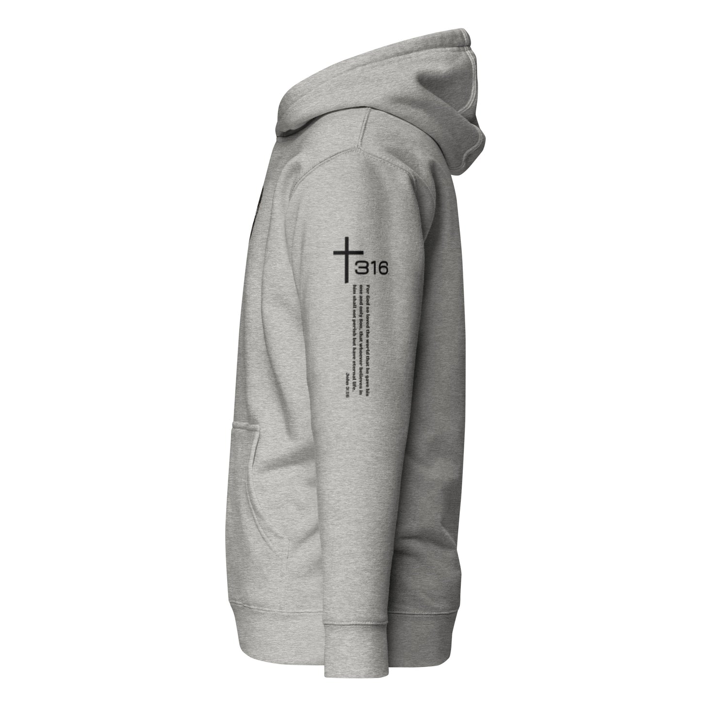 A gray unisex premium hoodie featuring the word Trinity 316 prominently displayed on the front, in carbon grey color.