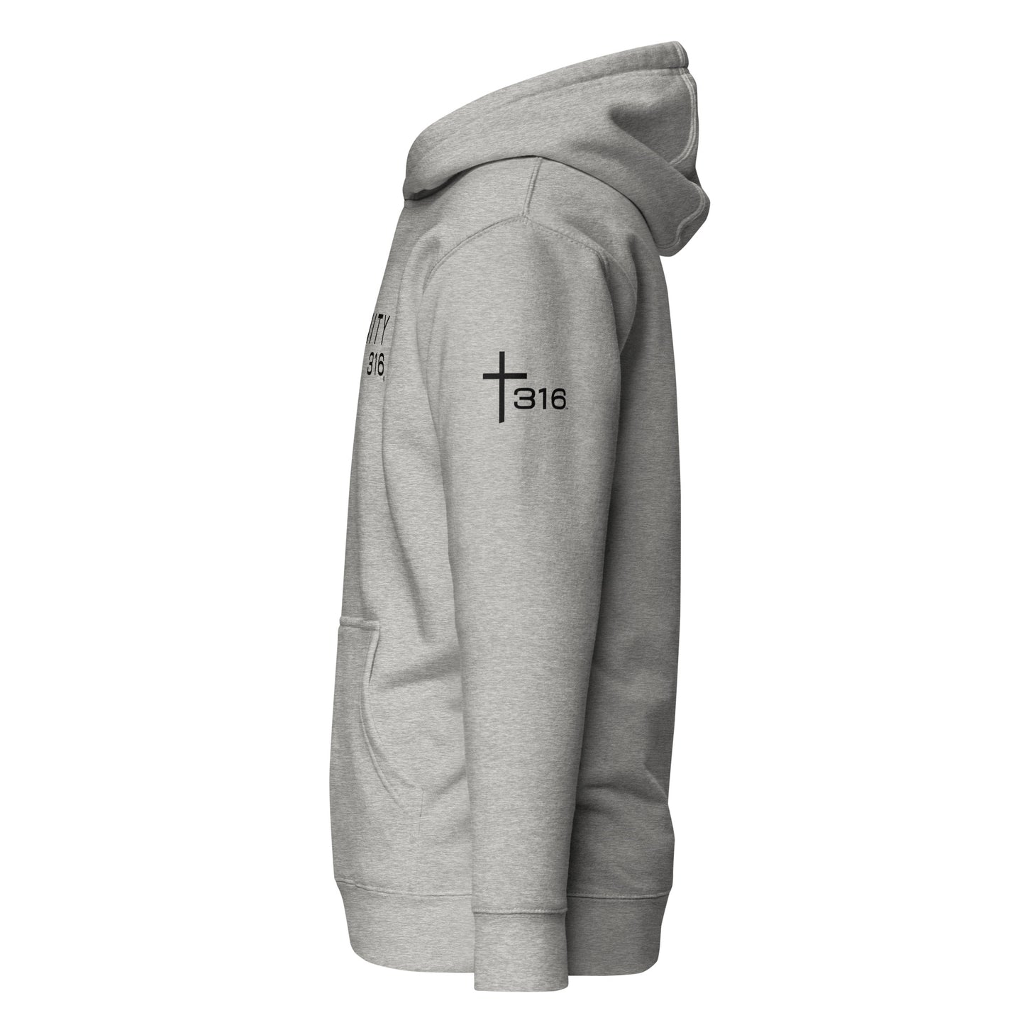 A unisex premium hoodie in carbon grey featuring the word T316 prominently displayed on the front.