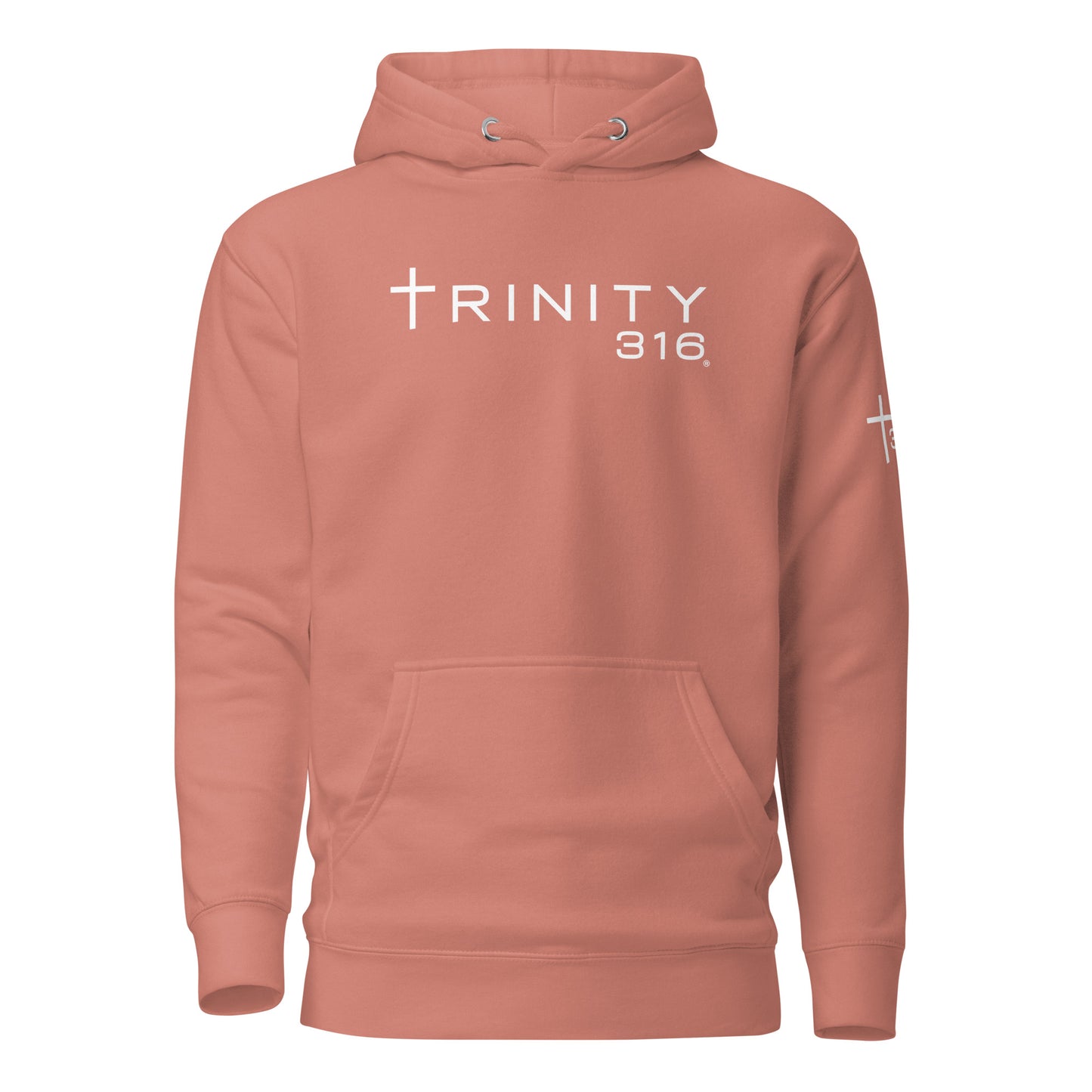 Unisex premium hoodie in dusty rose, featuring a stylish trinity 316 design in a soft peach color.