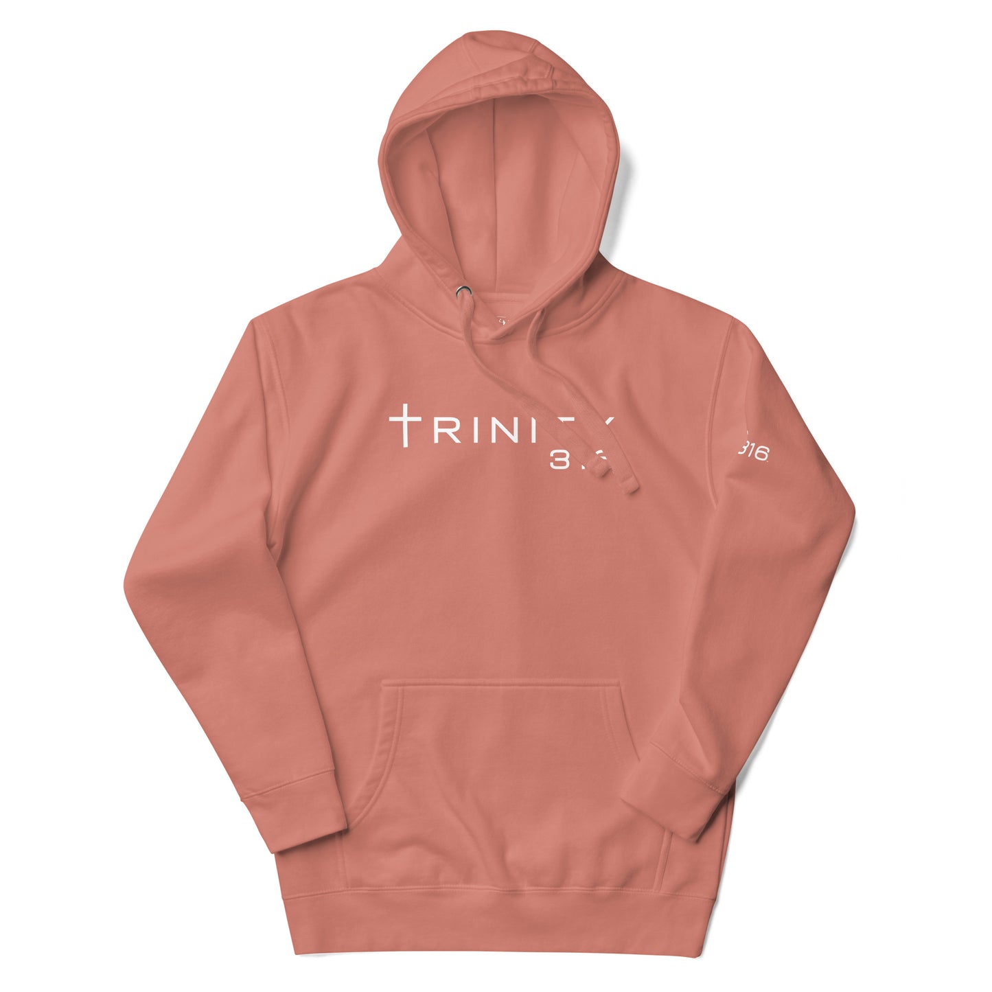 A unisex premium dusty rose hoodie featuring the word trinette prominently displayed on the front.