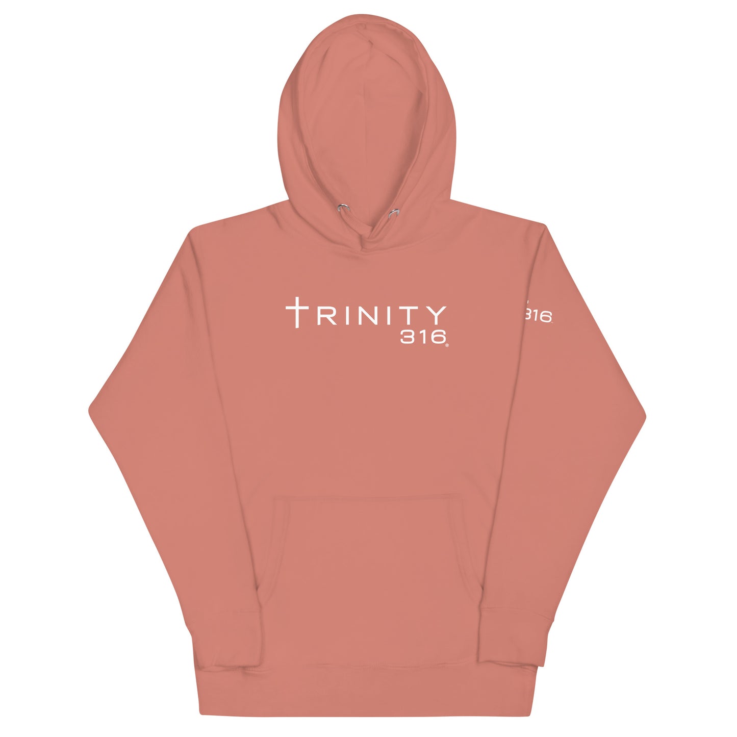 A unisex premium dusty rose hoodie featuring the word Trinity 316 prominently displayed on the front.