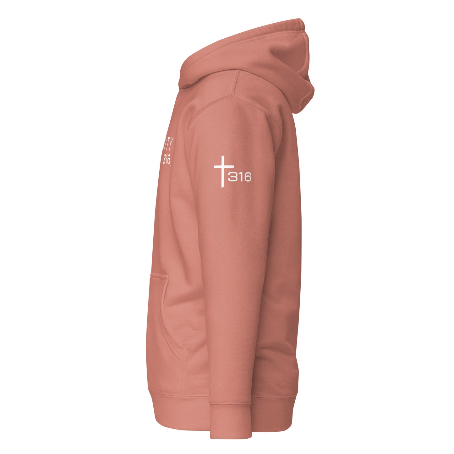 A unisex premium hoodie in dusty rose featuring the word Trinity 316 in white letters on the front.
