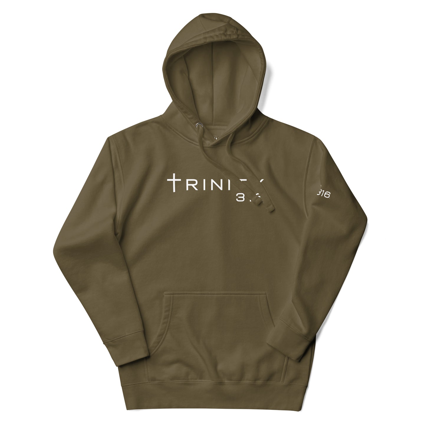 Unisex premium hoodie in military green, featuring a stylish front design, perfect for casual wear and comfort.