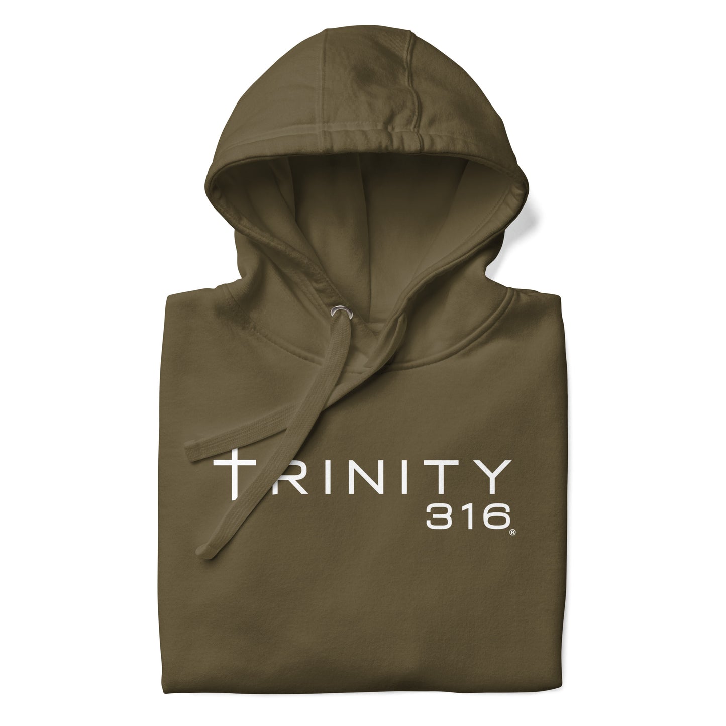 Military green unisex premium hoodie with a Trinity t316 logo on the front, designed for comfort and style.