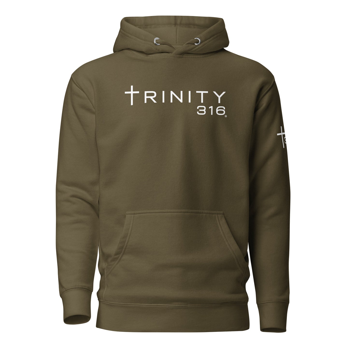 Unisex premium hoodie in military green, featuring a stylish trinity six design, perfect for casual wear.