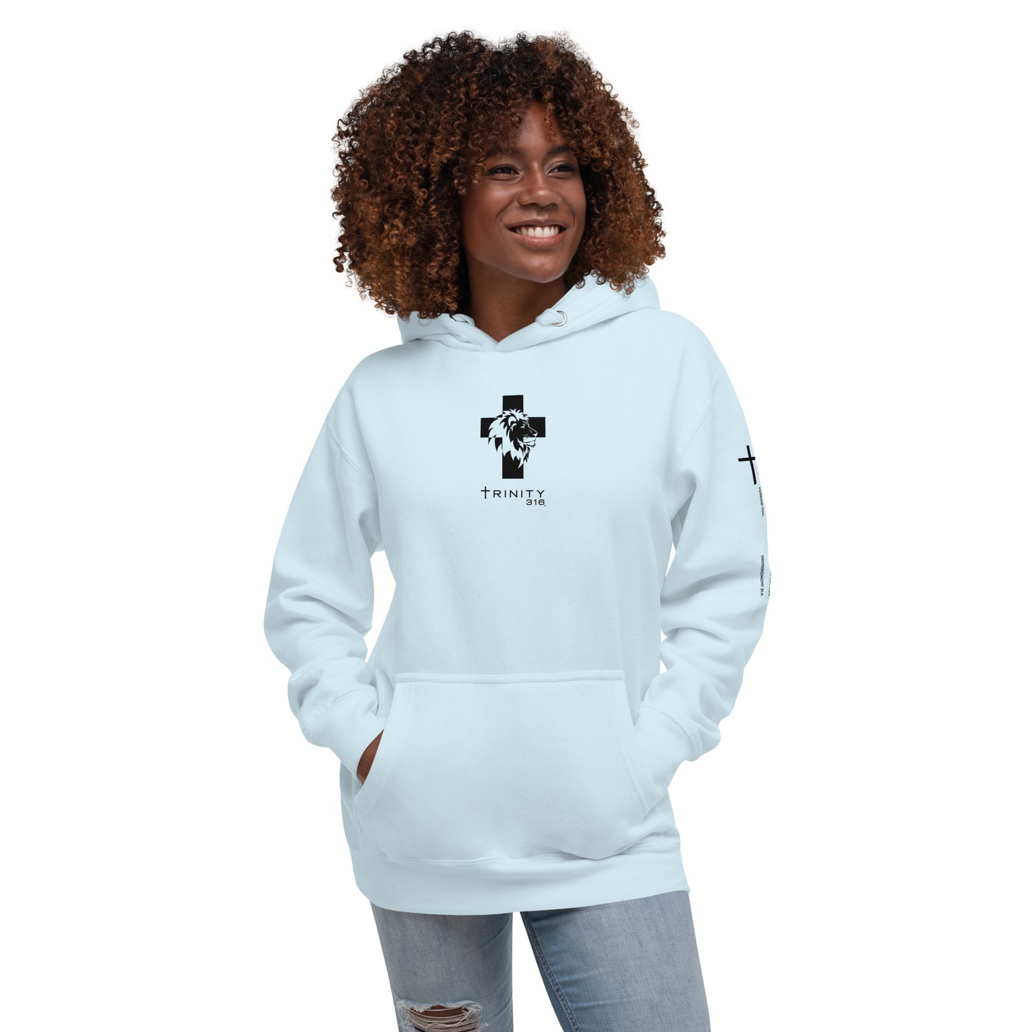 A light blue unisex premium hoodie featuring a prominent black and white cross design on the front.
