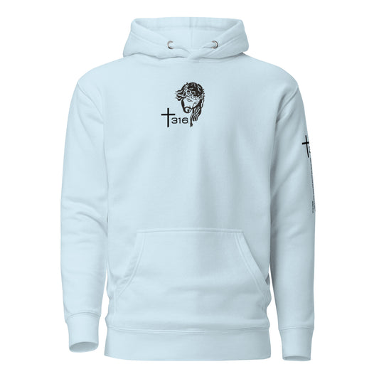 Front view of a unisex premium hoodie in sky blue featuring the word Trinity 316 prominently displayed.