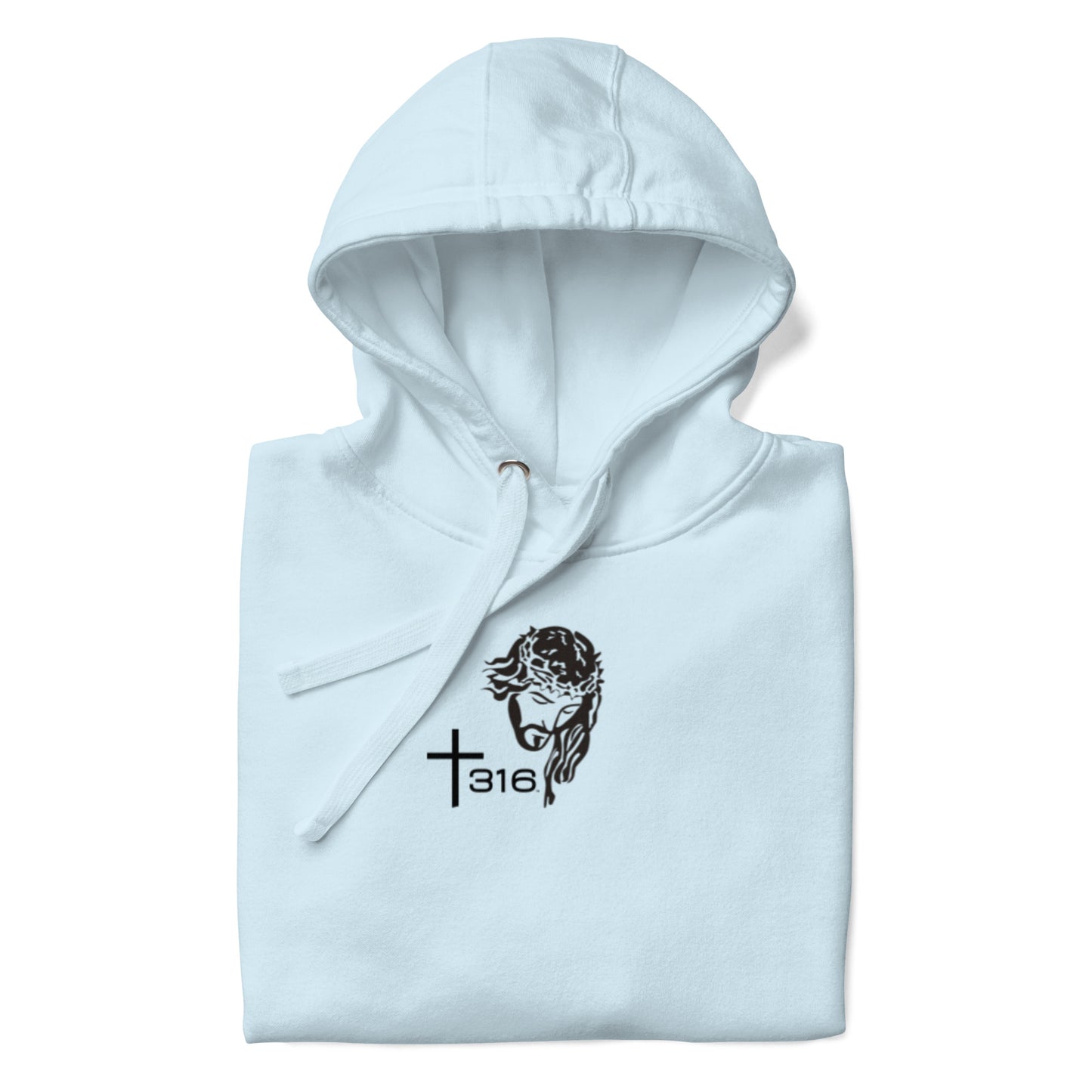 A light blue unisex premium hoodie featuring the word trinity 316 and a cross design on the front.