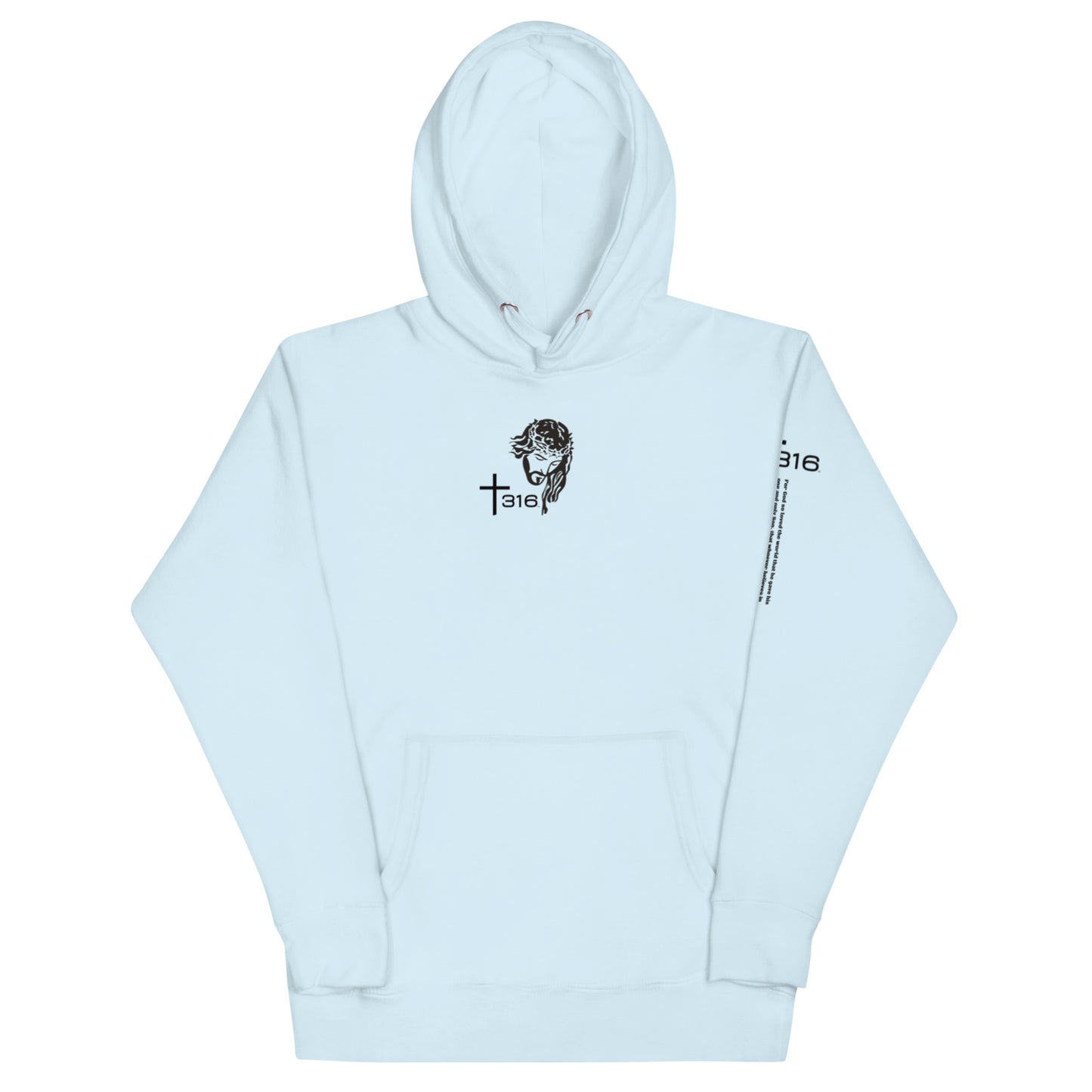 A unisex premium sky blue hoodie featuring a logo of a man on the front, showcasing a stylish and casual design.