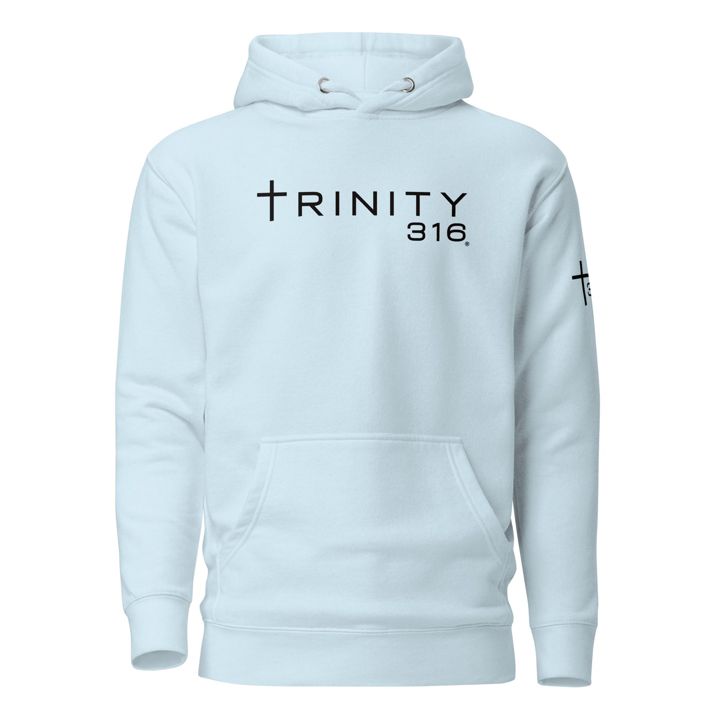 Unisex premium hoodie in sky blue, featuring a stylish front design, perfect for casual wear and comfort.