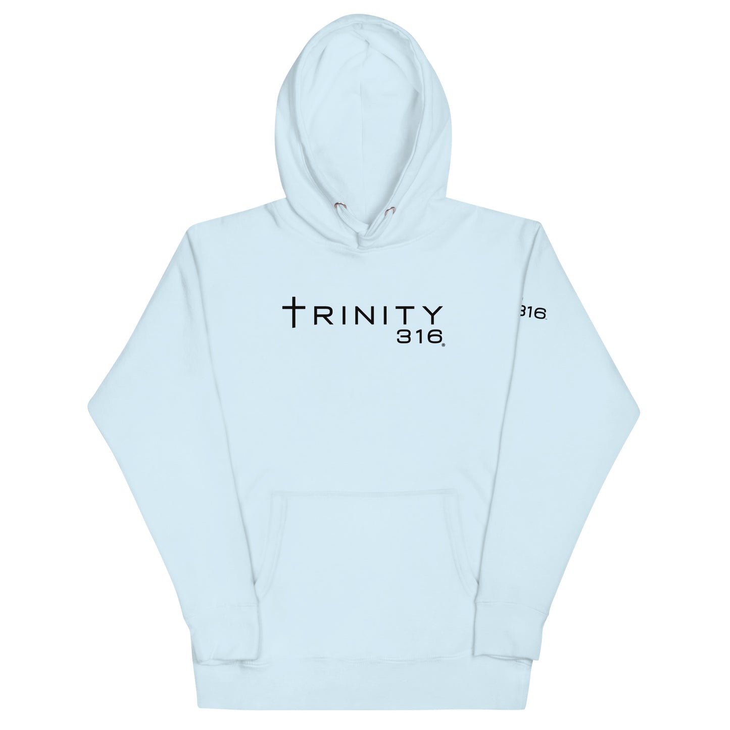 A light blue unisex premium hoodie featuring the word trinity 316 prominently displayed on the front.