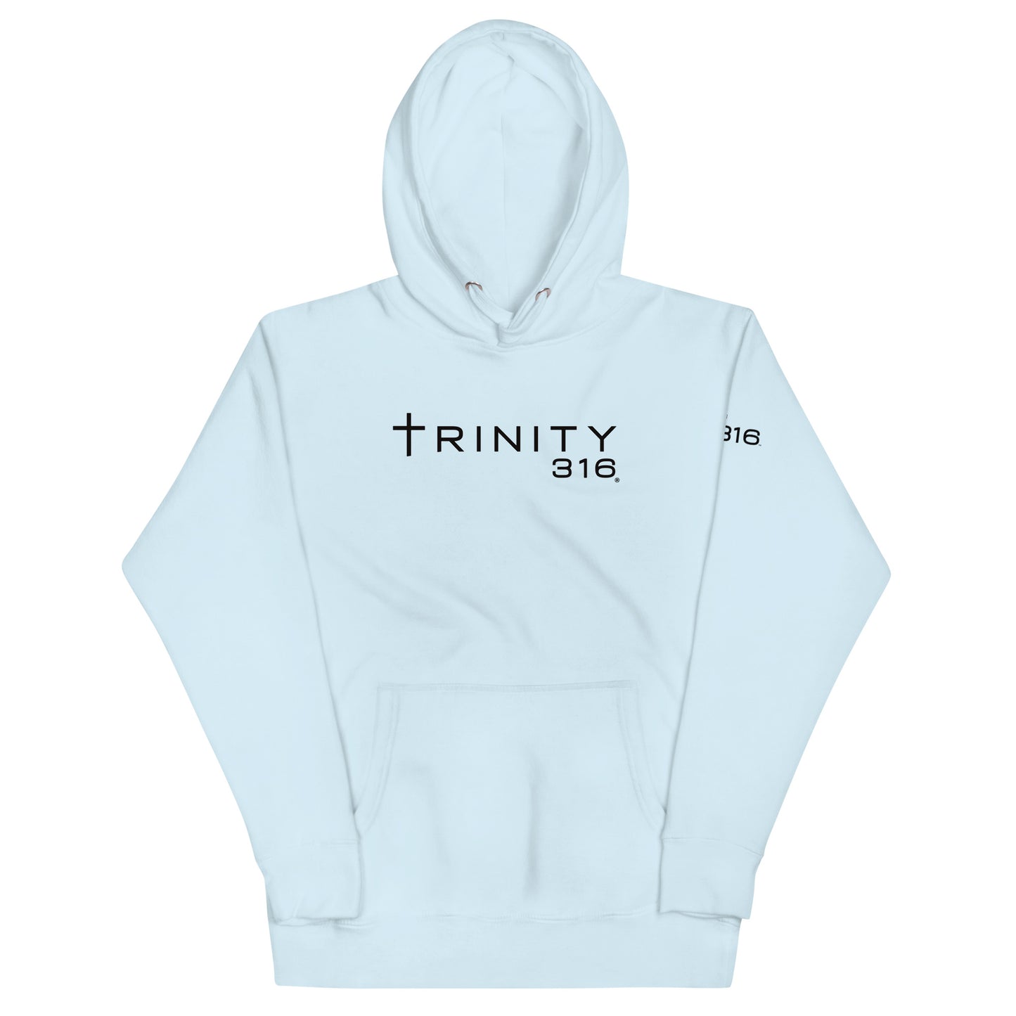 A light blue unisex premium hoodie featuring the word Trinity316 prominently displayed on the front.