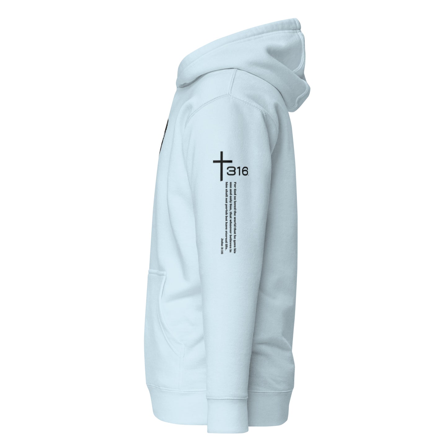 Light blue unisex premium hoodie featuring a cross design, showcasing a stylish and comfortable look.