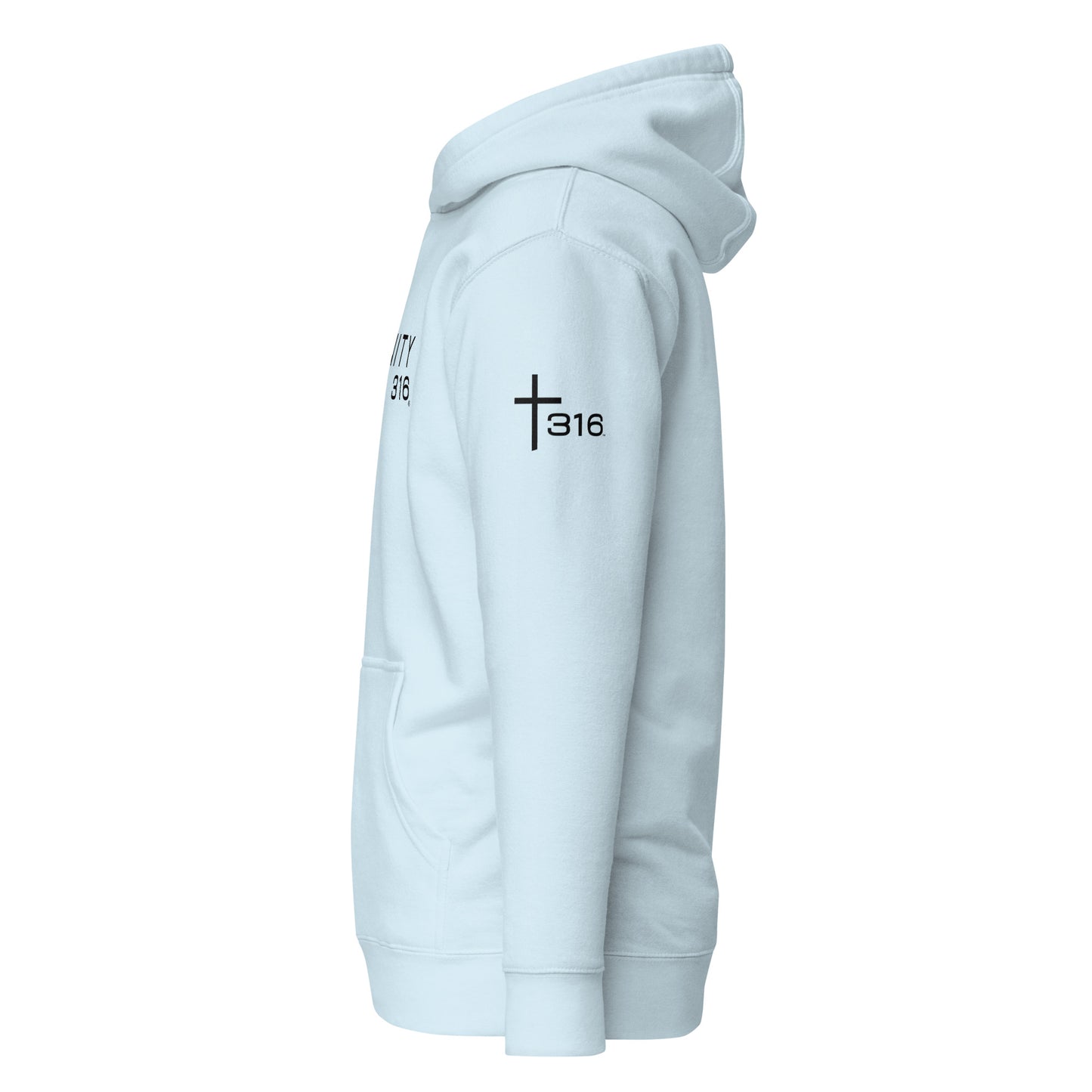 A light blue unisex premium hoodie featuring a prominent black cross design on the front.