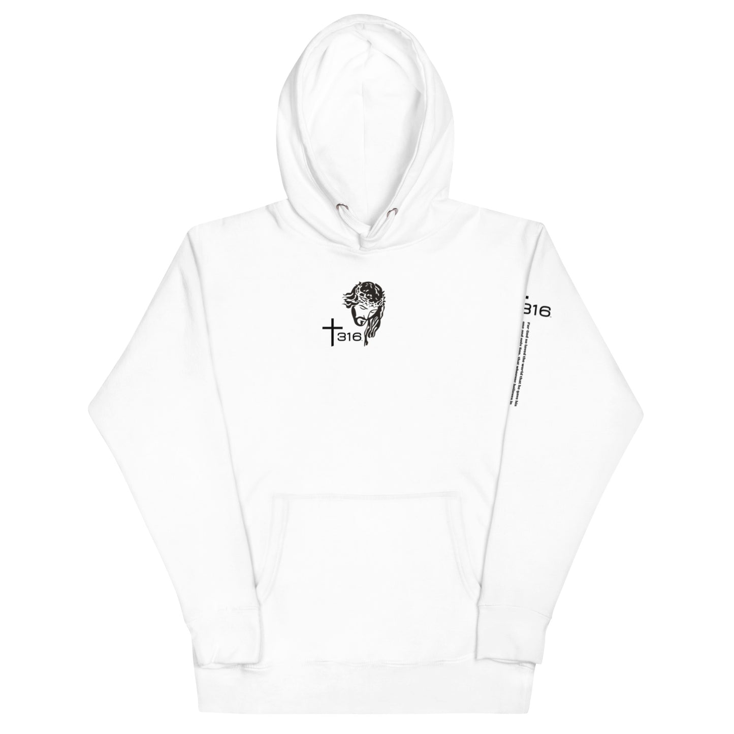 Unisex premium white hoodie featuring a logo of a man on the front, showcasing a stylish and modern design.