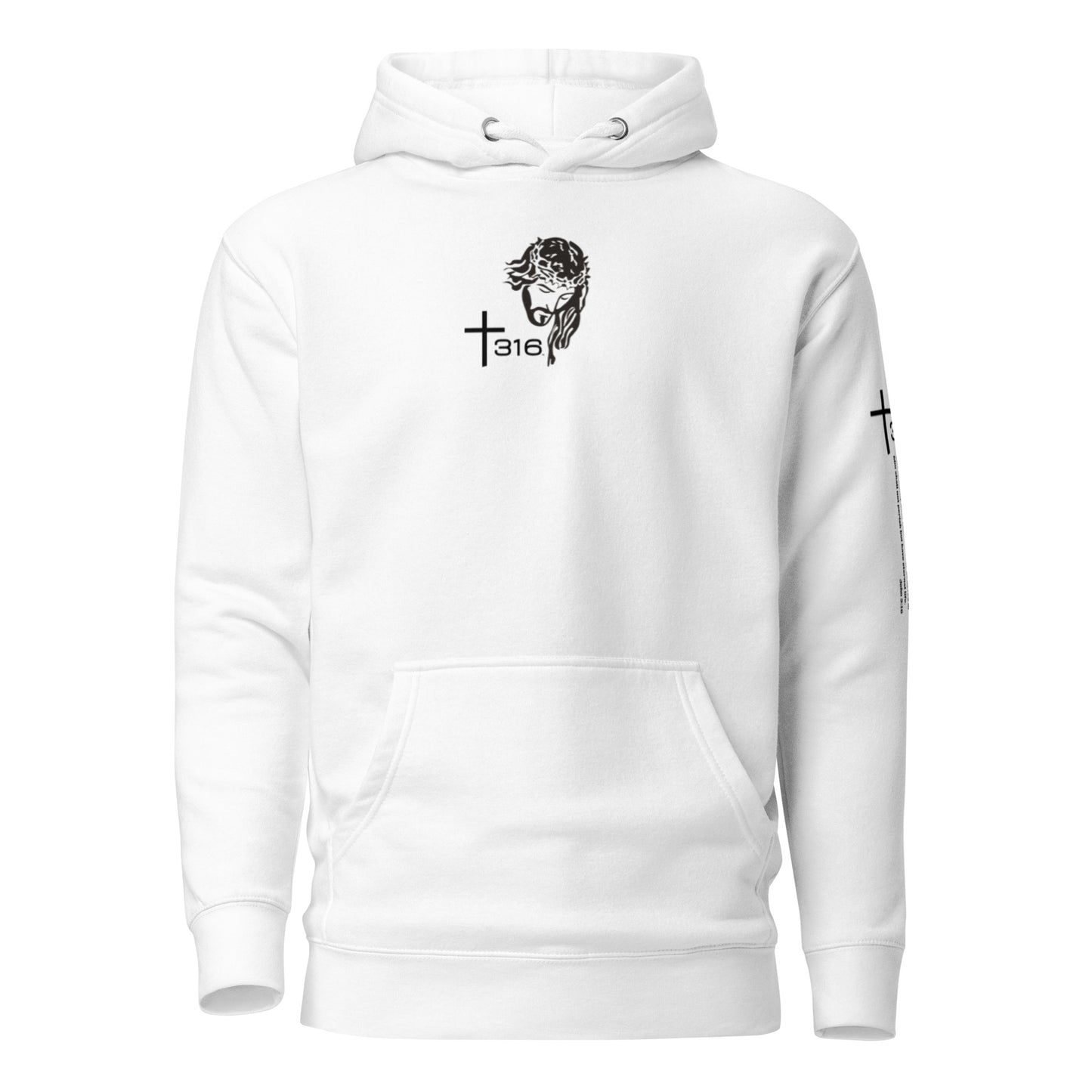A unisex premium white hoodie featuring a logo of a horse on the front, showcasing a stylish and casual design.