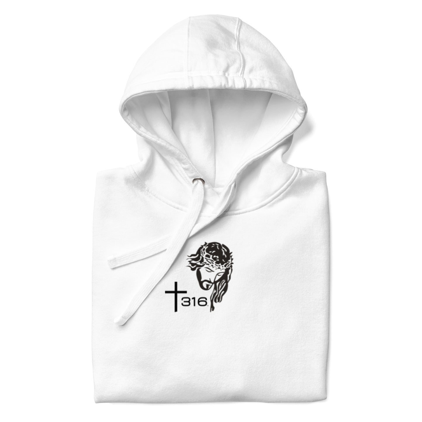 A unisex premium white hoodie featuring the word t316 prominently displayed on the front.