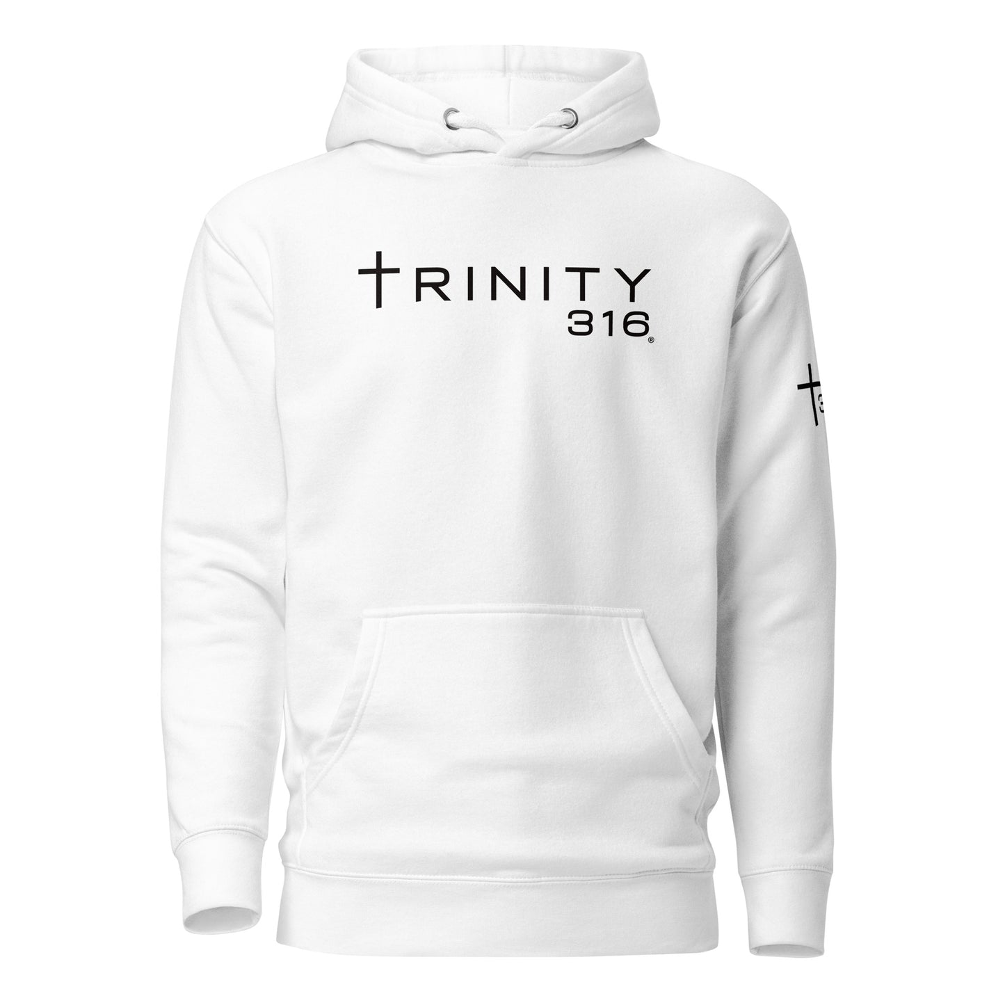 Unisex premium hoodie in white, featuring a stylish front design, perfect for casual wear and comfort.