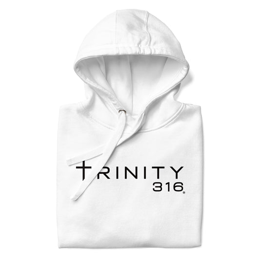 White Trinity hoodie featuring the Trinity316 logo, perfect for casual wear and showcasing a stylish design.