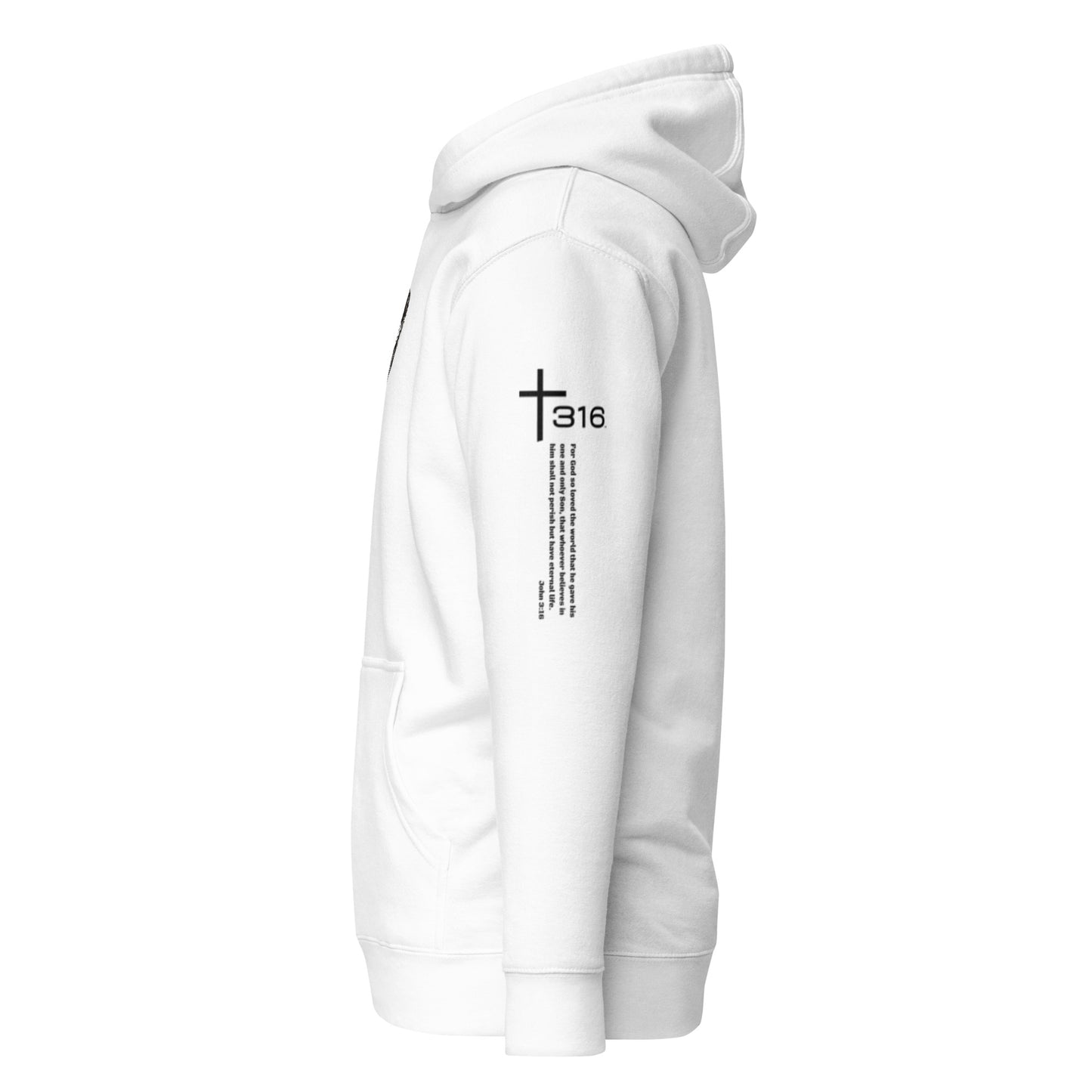 A unisex premium white hoodie featuring the word trinity 316 prominently displayed on the front, viewed from the left side.