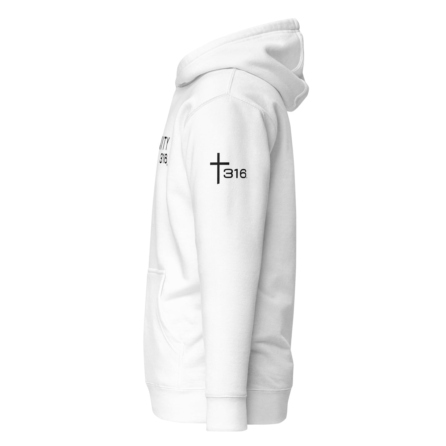 Unisex premium white hoodie with the word t316 elegantly printed, captured from the left perspective.