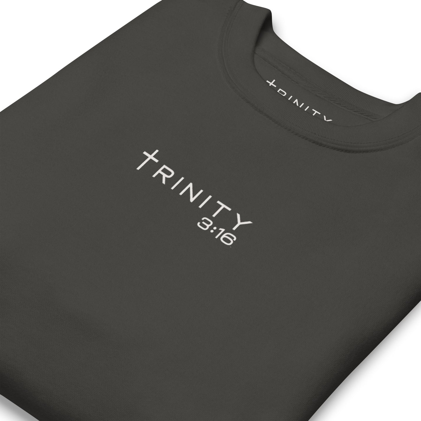 Trinity 3:16 Logo Christian crewneck in vintage black— Trinity 3:16 faith apparel