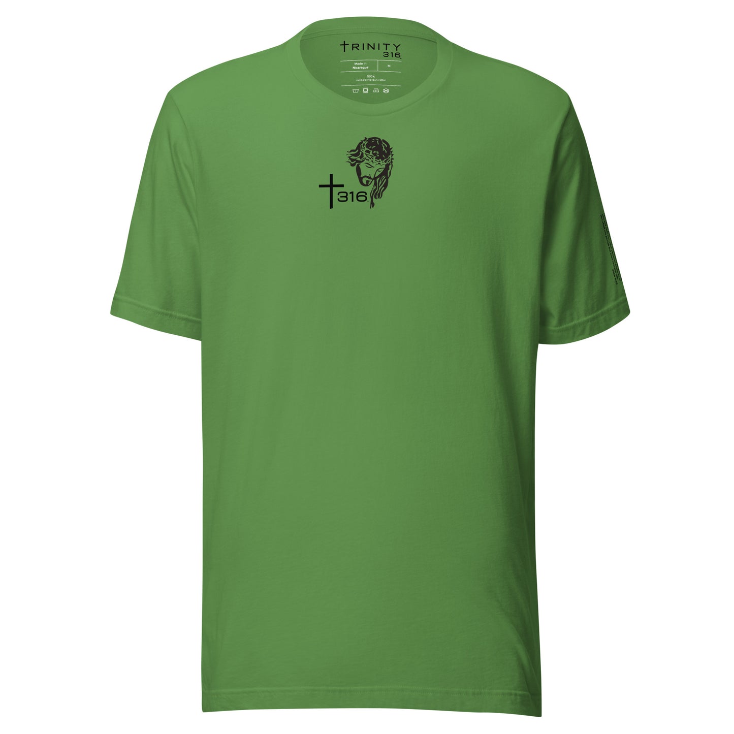 A green t-shirt featuring a prominent skull design on the front, labeled as staple-t-shirt-leaf-front.