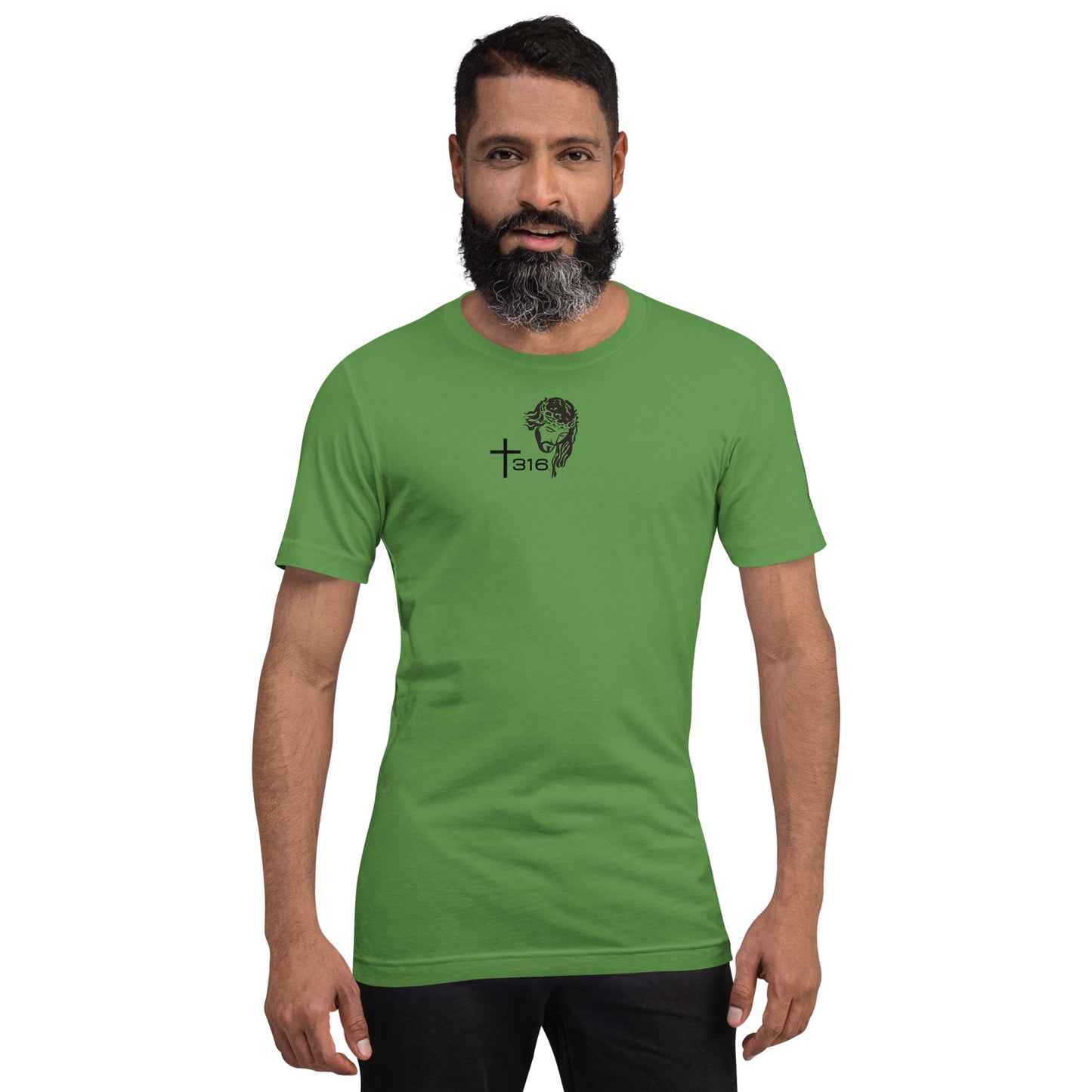 A man with a beard dons a green t-shirt adorned with a skull, reflecting a unique fashion choice.