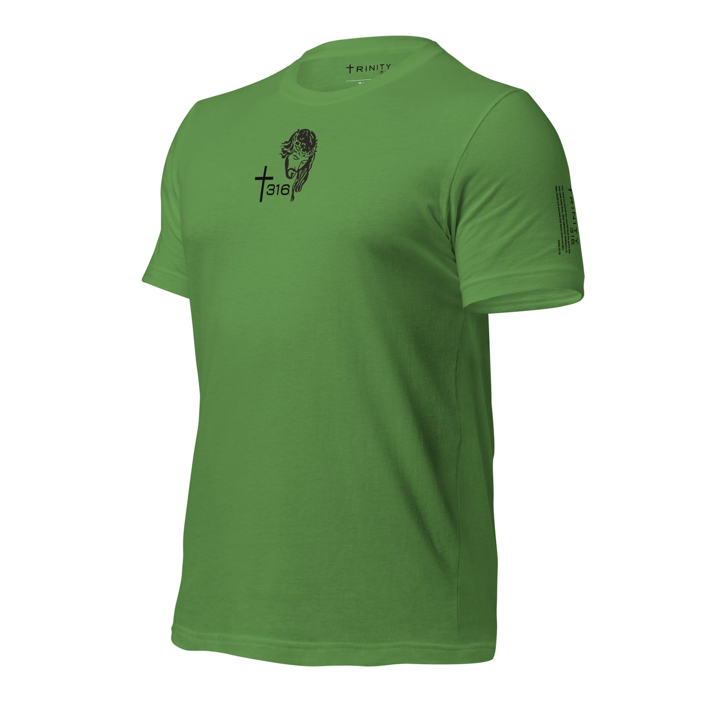A green unisex staple t-shirt featuring a logo on the left front, showcasing a stylish and casual design.