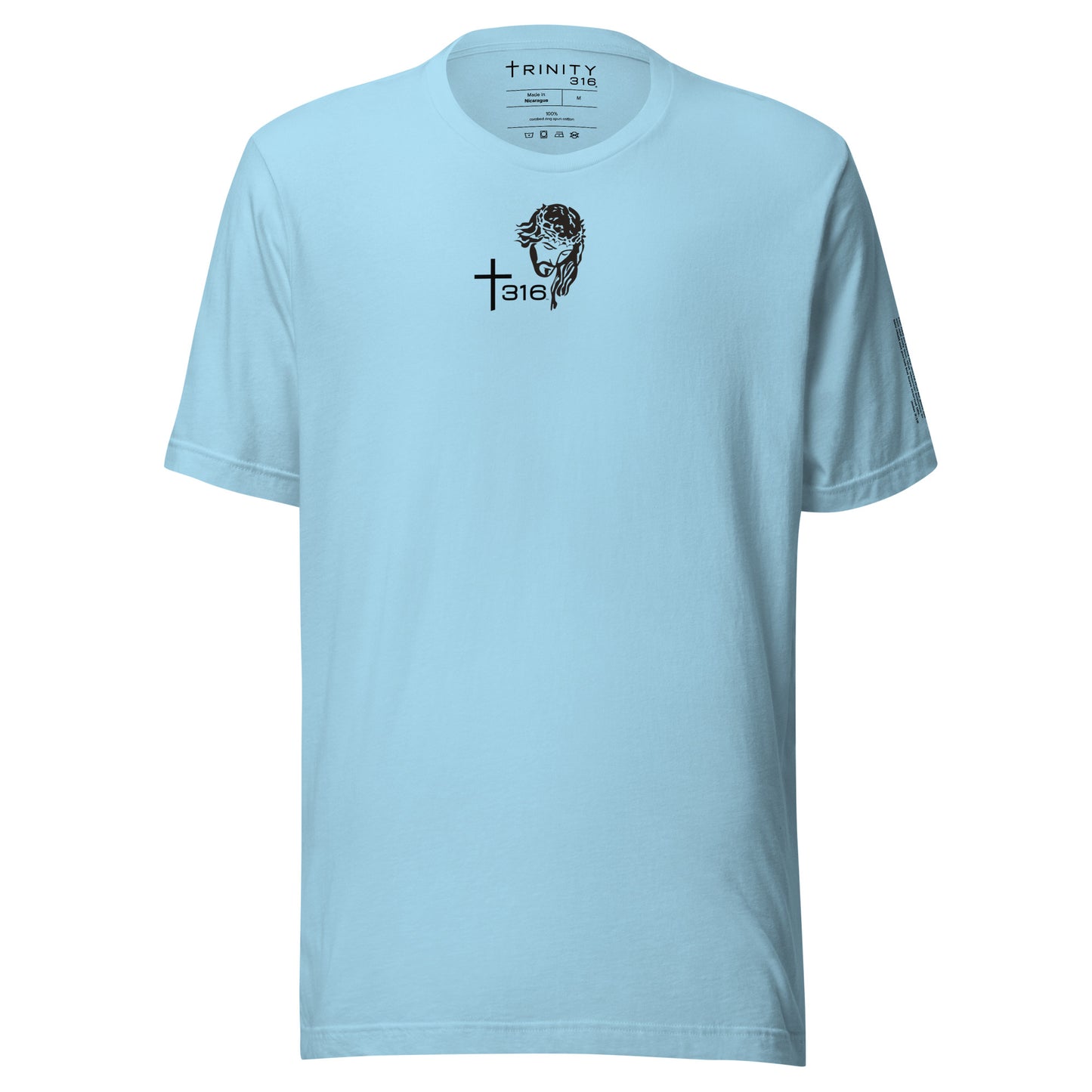 Front view of The North Face men's staple t-shirt in ocean blue, showcasing its vibrant color and design.