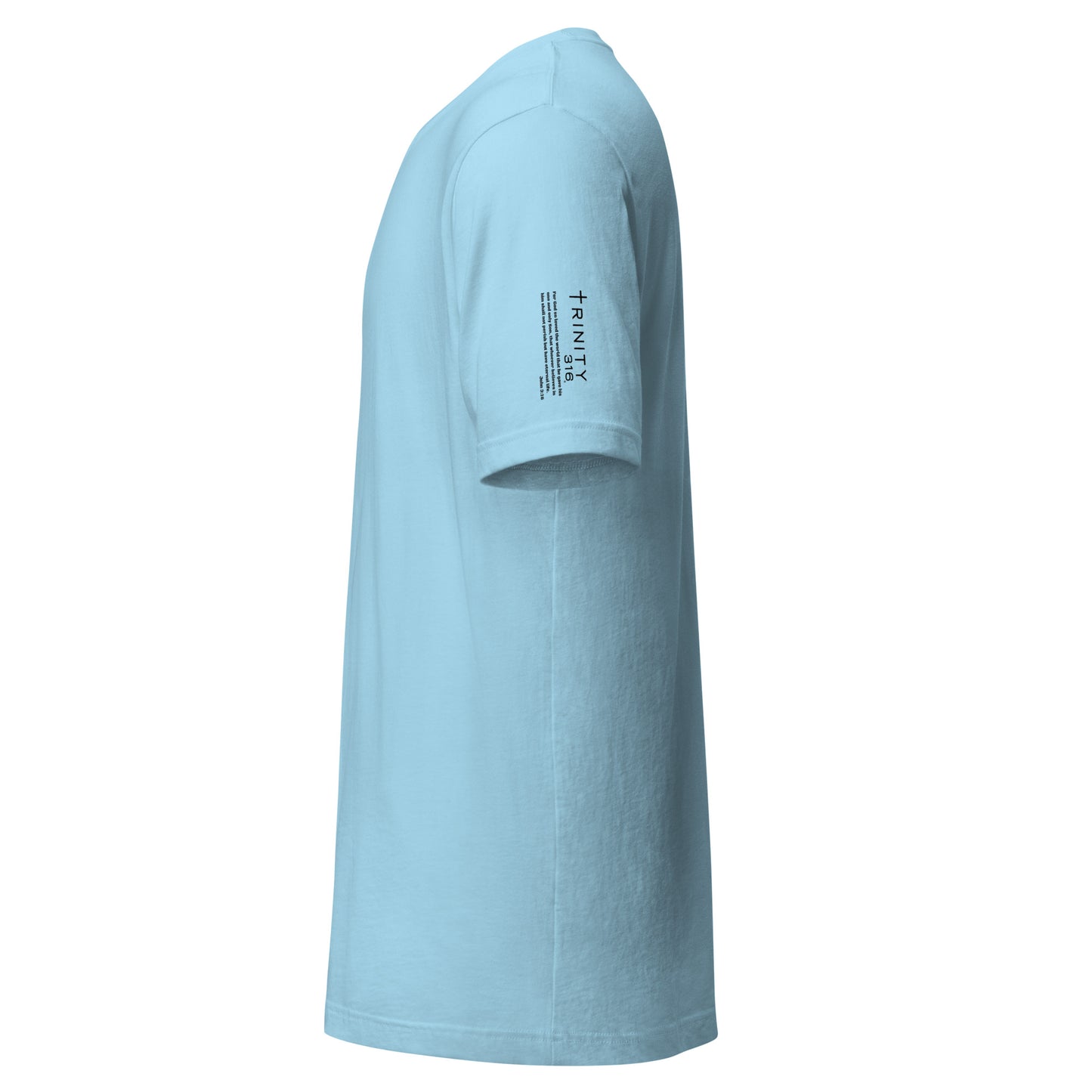 Left view of a staple ocean blue t-shirt made from a cotton blend, showcasing a logo on the chest.