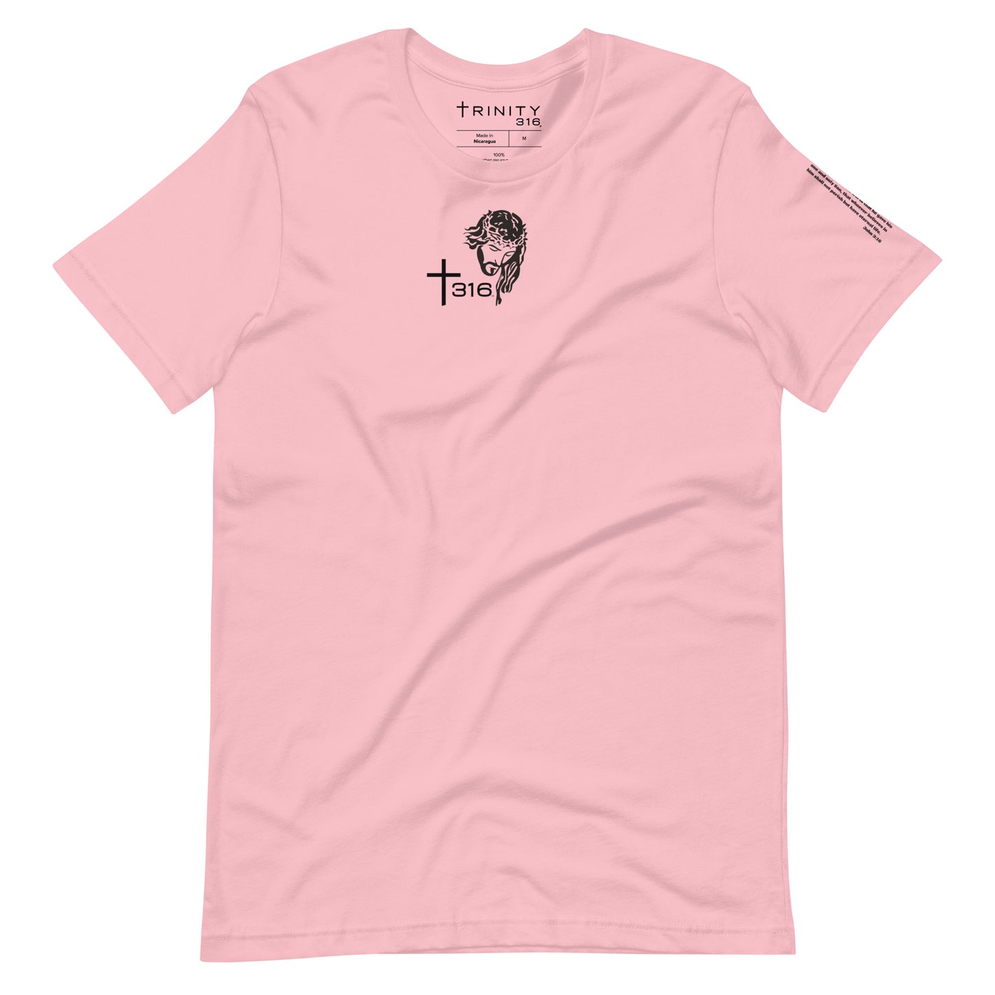 Pink staple t-shirt featuring a prominent skull design on the front.