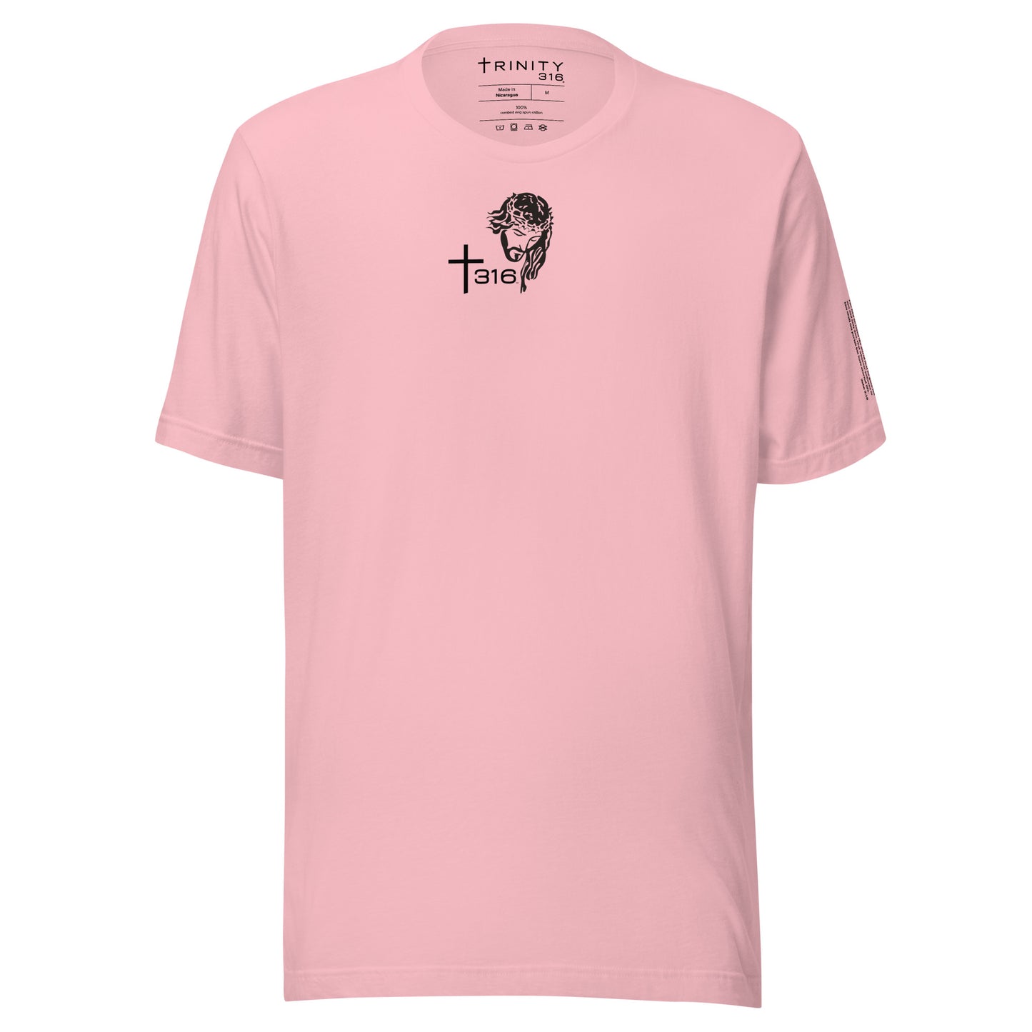 Front view of a pink t-shirt adorned with a bold black and white graphic design, perfect for casual wear.
