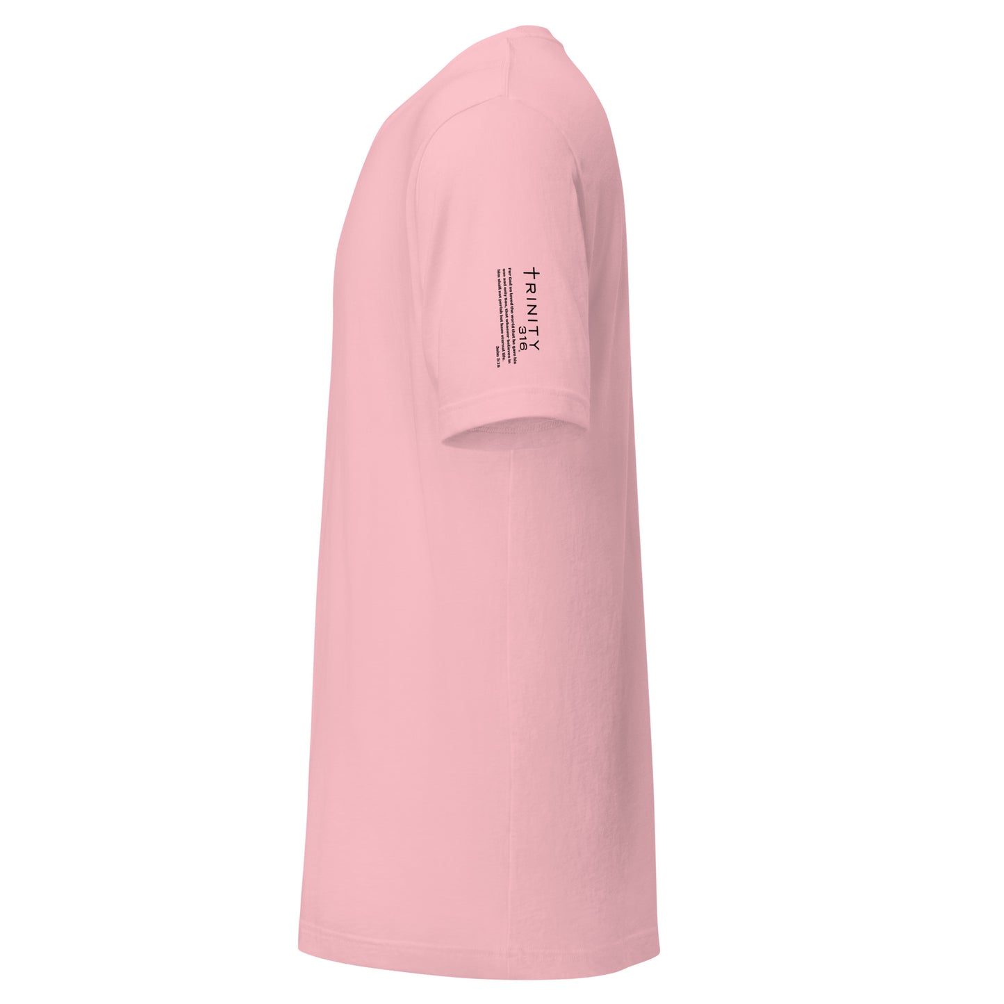 A pink t-shirt featuring the word "love" prominently displayed on the front, viewed from the left side.