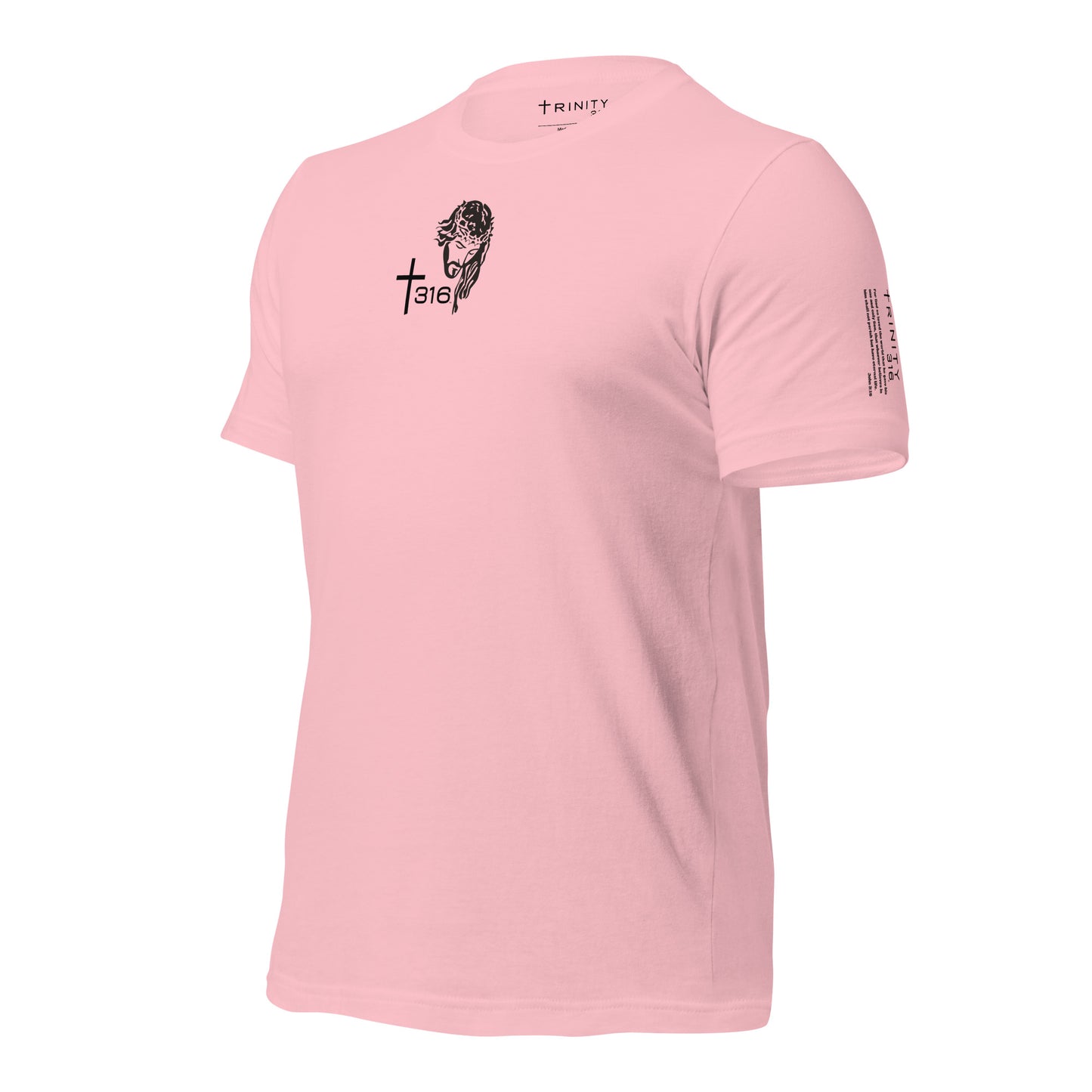 A pink t-shirt featuring a logo of a woman, displayed from the left front view.