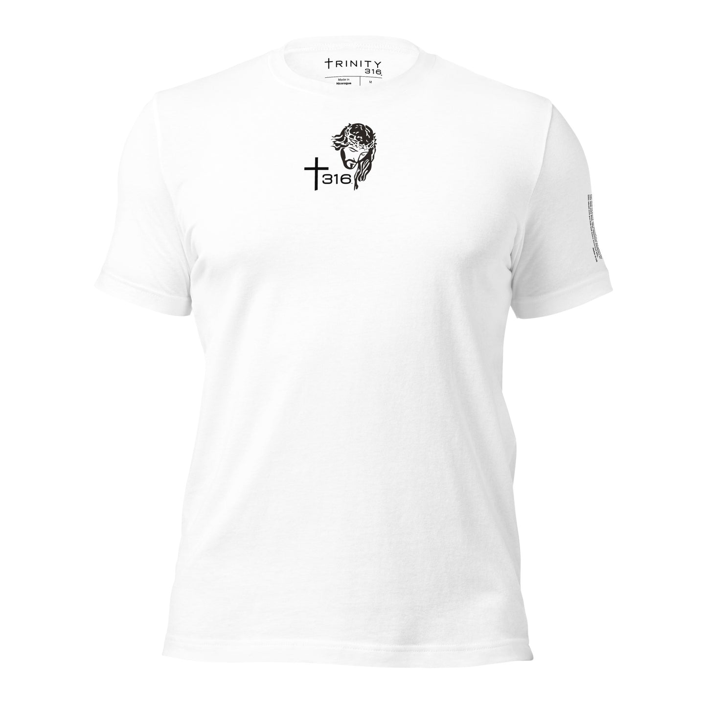 Front view of a white staple t-shirt adorned with a striking logo of a man with a skull, emphasizing a unique style.