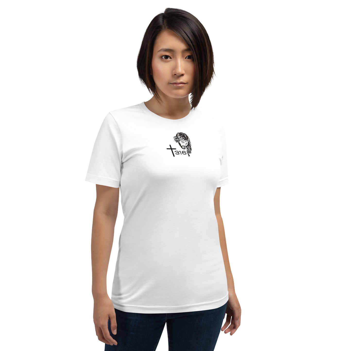 A woman models a white t-shirt with the word 'love' printed on the front, showcasing a casual style.