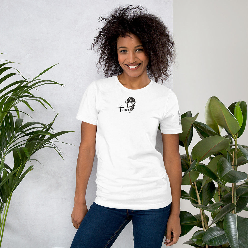 A woman models a white t-shirt with the word 'love' printed on the front, showcasing a casual style.