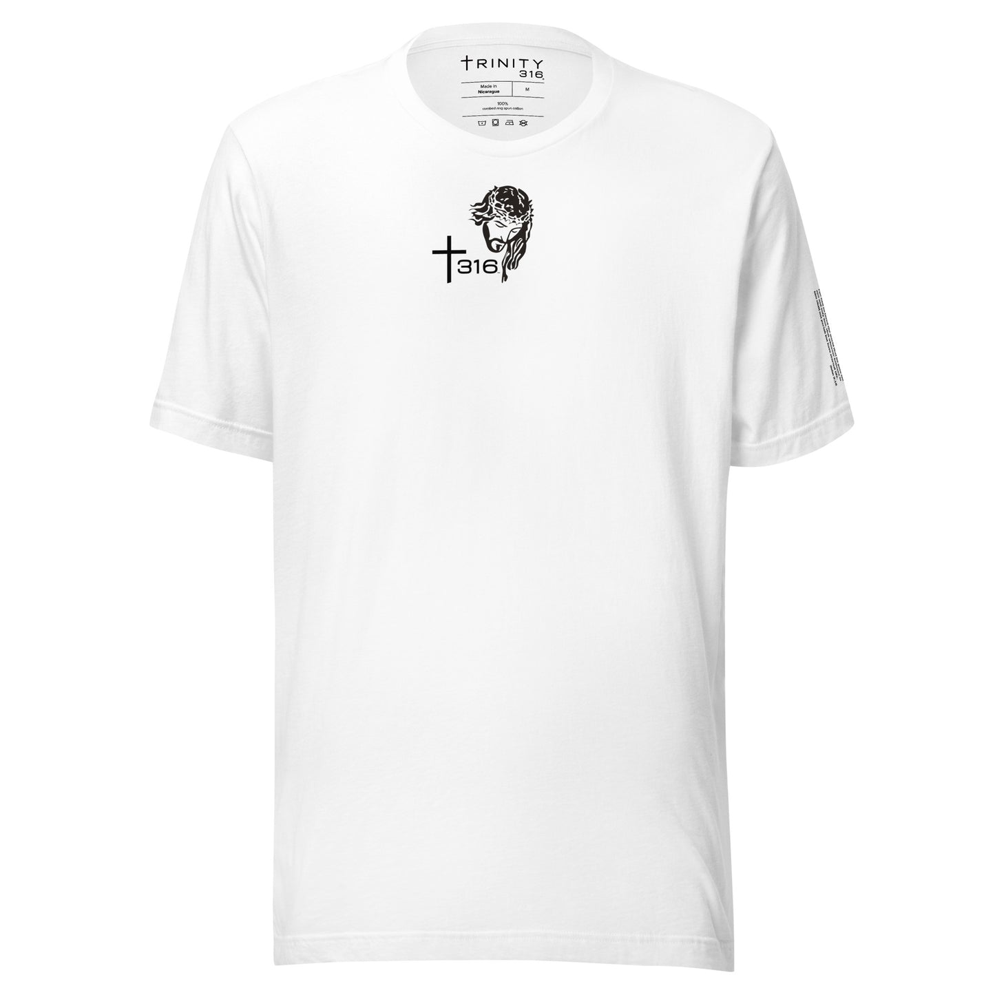 A white t-shirt featuring a logo of a woman prominently displayed on the front.