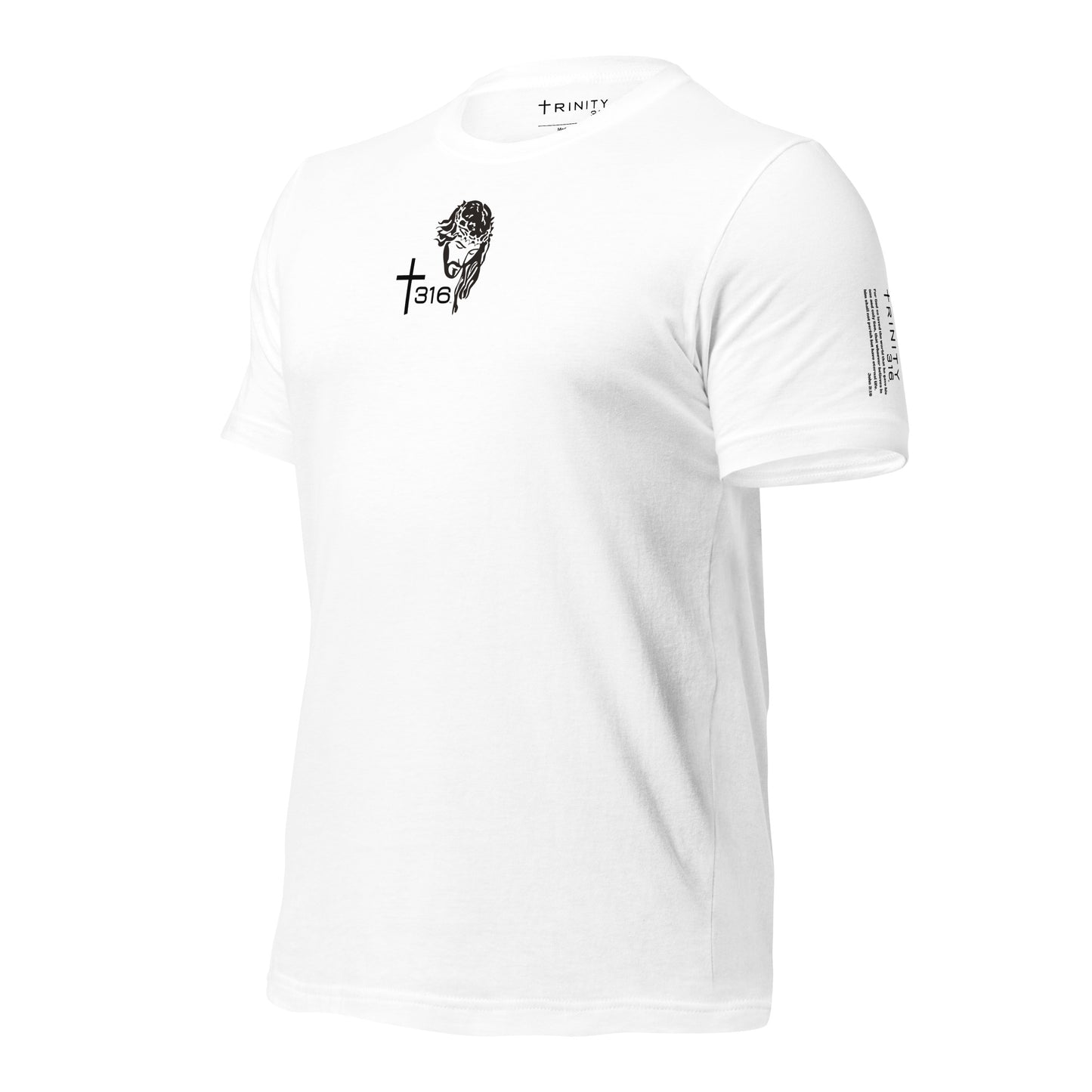 A white t-shirt featuring a logo prominently displayed on the front, viewed from the left side.