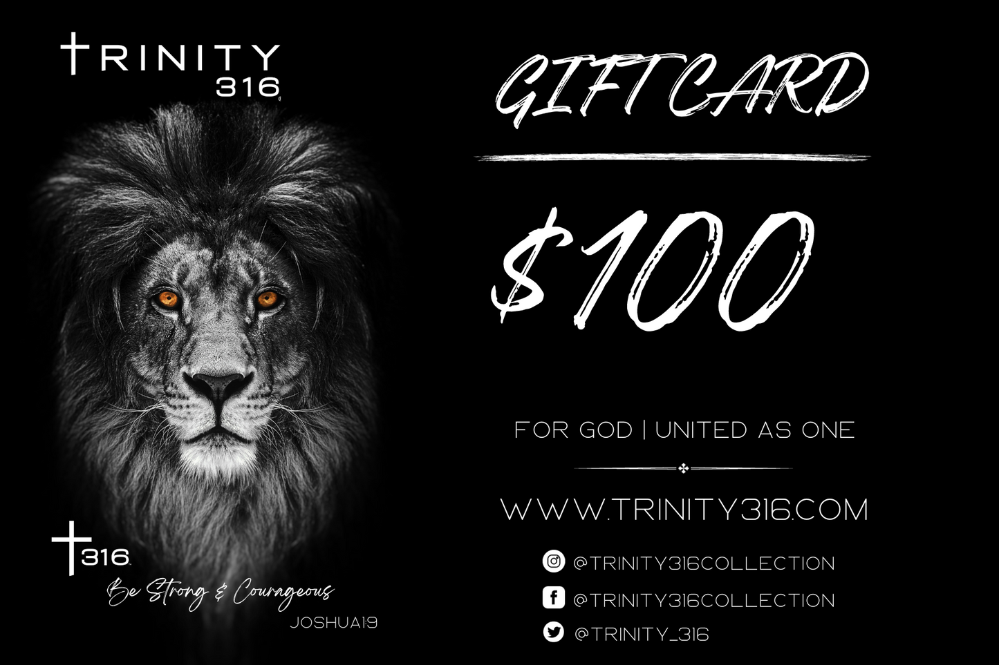 Trinity 316 Gift Card displayed on a wooden surface, featuring a vibrant design and elegant typography.