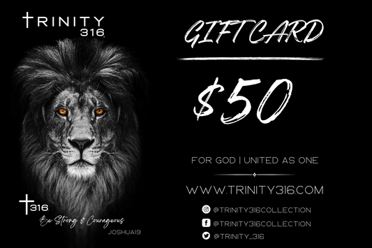 Trinity 316 Gift Card displayed on a wooden surface, featuring a vibrant design and a sleek, modern appearance.