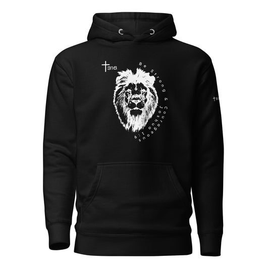 Front view of a unisex premium black hoodie adorned with a bold lion head graphic, ideal for stylish comfort.